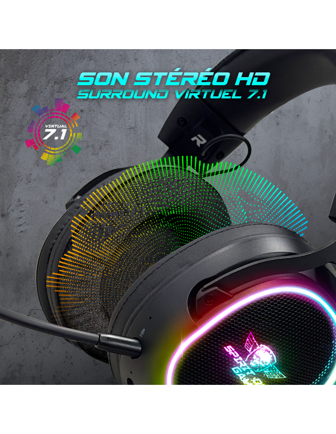 Schwarzes Gaming-Headset mit leuchtendem Logo und Surround-Sound-Grafik. Text: 'Virtual 7.1' und 'Son Stereo HD'.