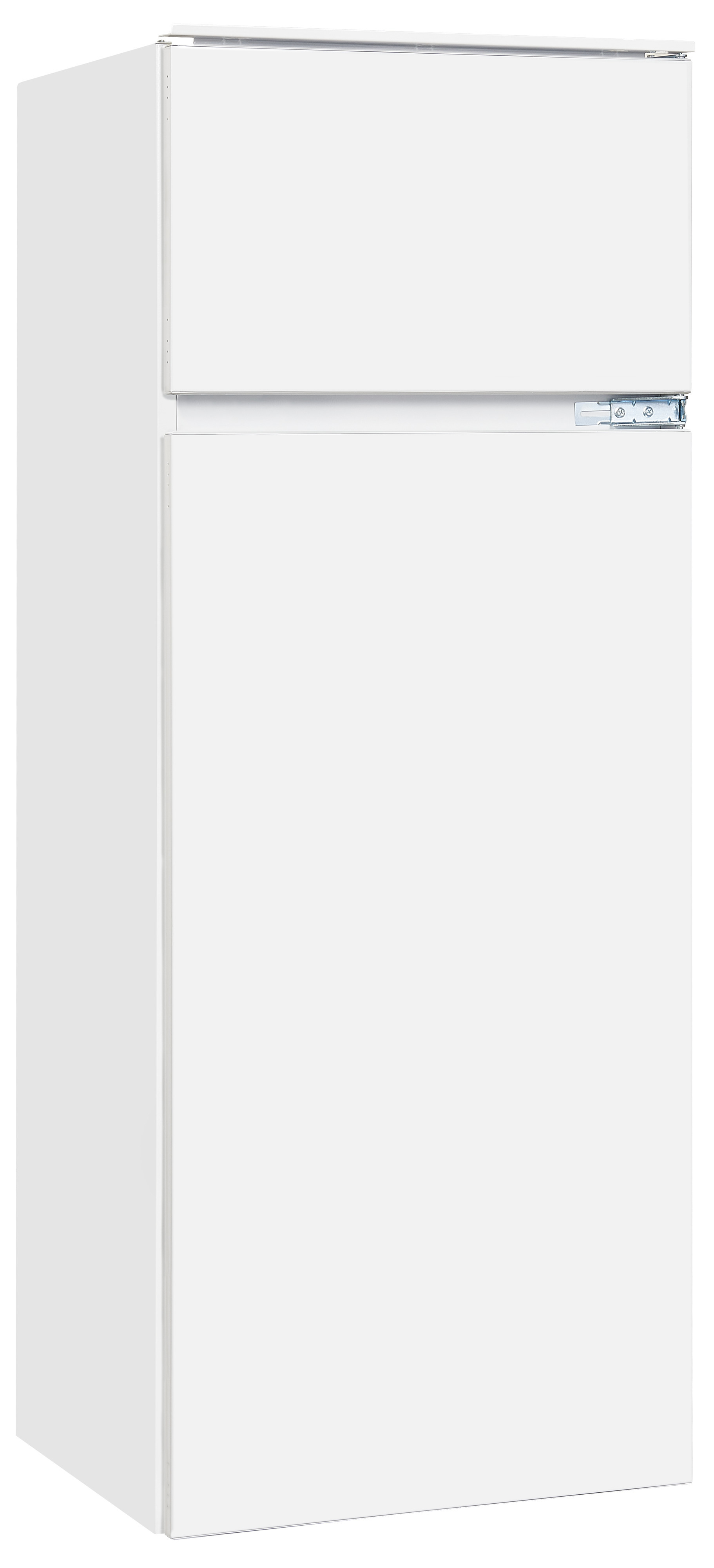 Un réfrigérateur blanc avec congélateur supérieur. Il a une poignée et un panneau de commande sur la porte. Le fond est blanc.