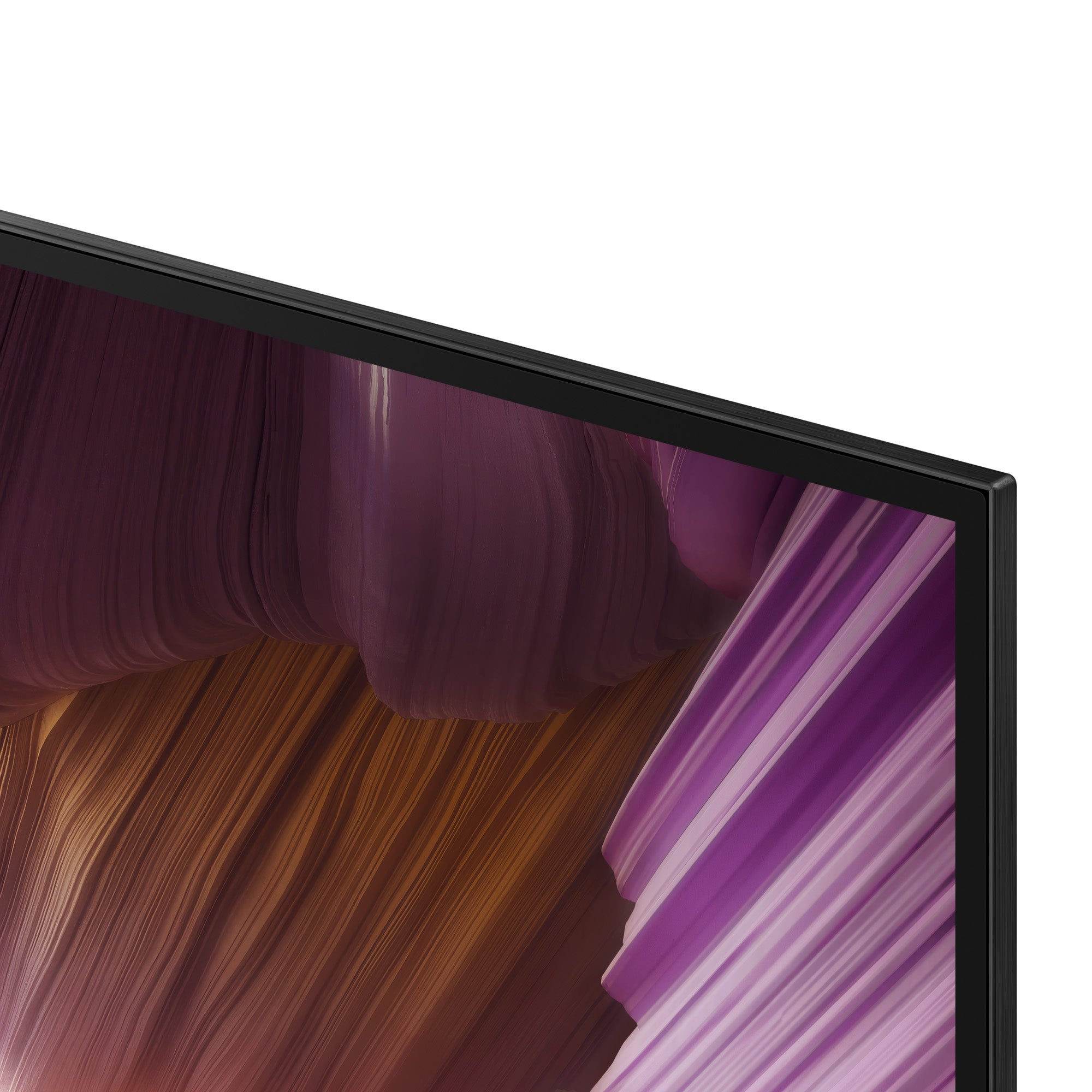 Vista de cerca de una pantalla de TV con un diseño abstracto colorido de líneas onduladas moradas y marrones.