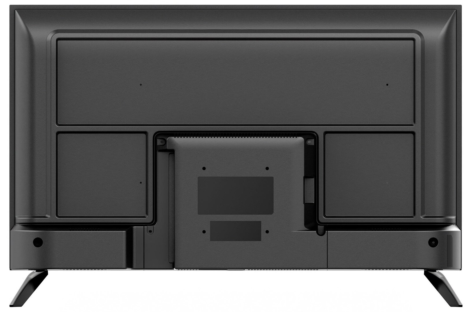 Tył czarnego telewizora. Ma prostokątny kształt z różnymi przegródkami i stojakiem.