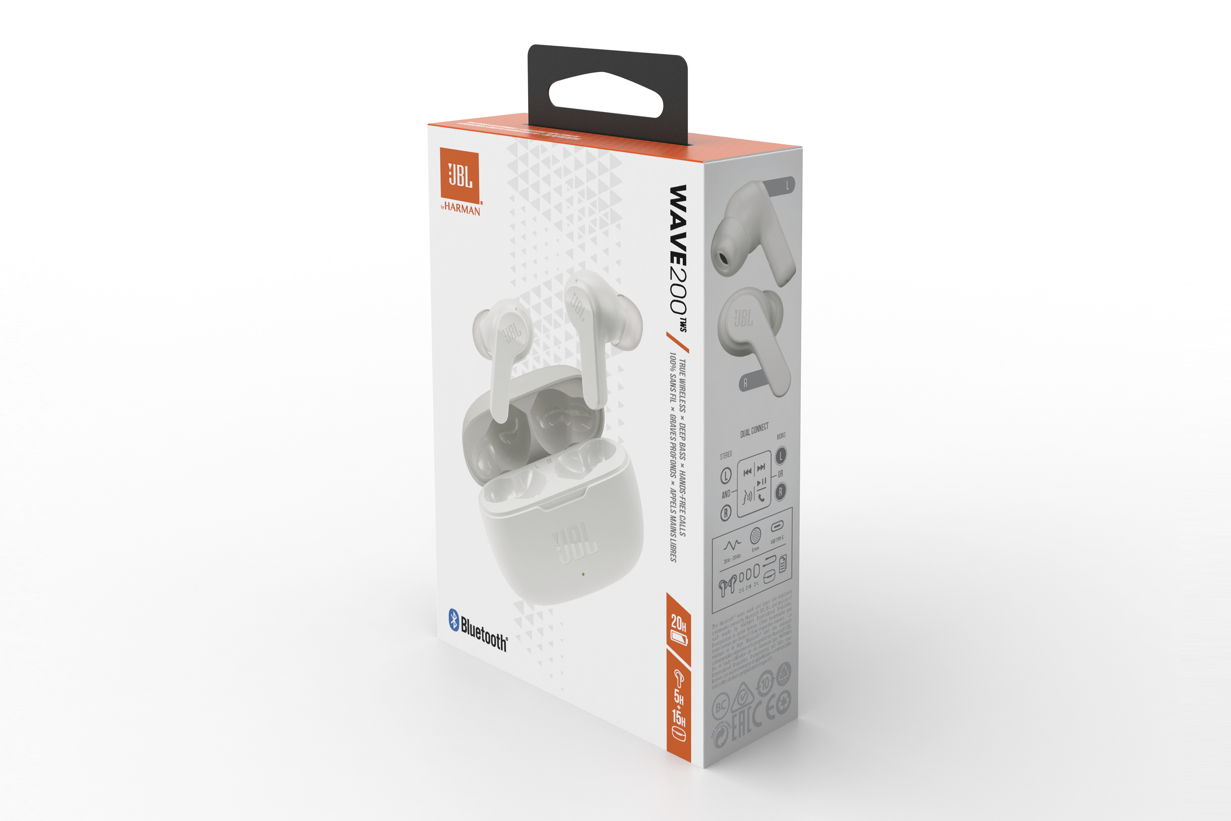 Eine weiße JBL Wave 200 TWS-Kopfhörerbox mit sichtbaren Ohrhörern und Hülle. Es hat einen Griff und Branding.