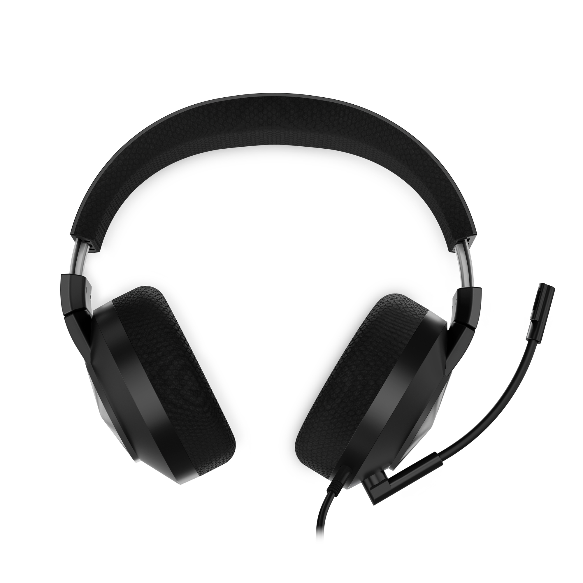 Auriculares para juegos negros sobre un fondo blanco. Tiene auriculares grandes, una diadema acolchada y un micrófono.