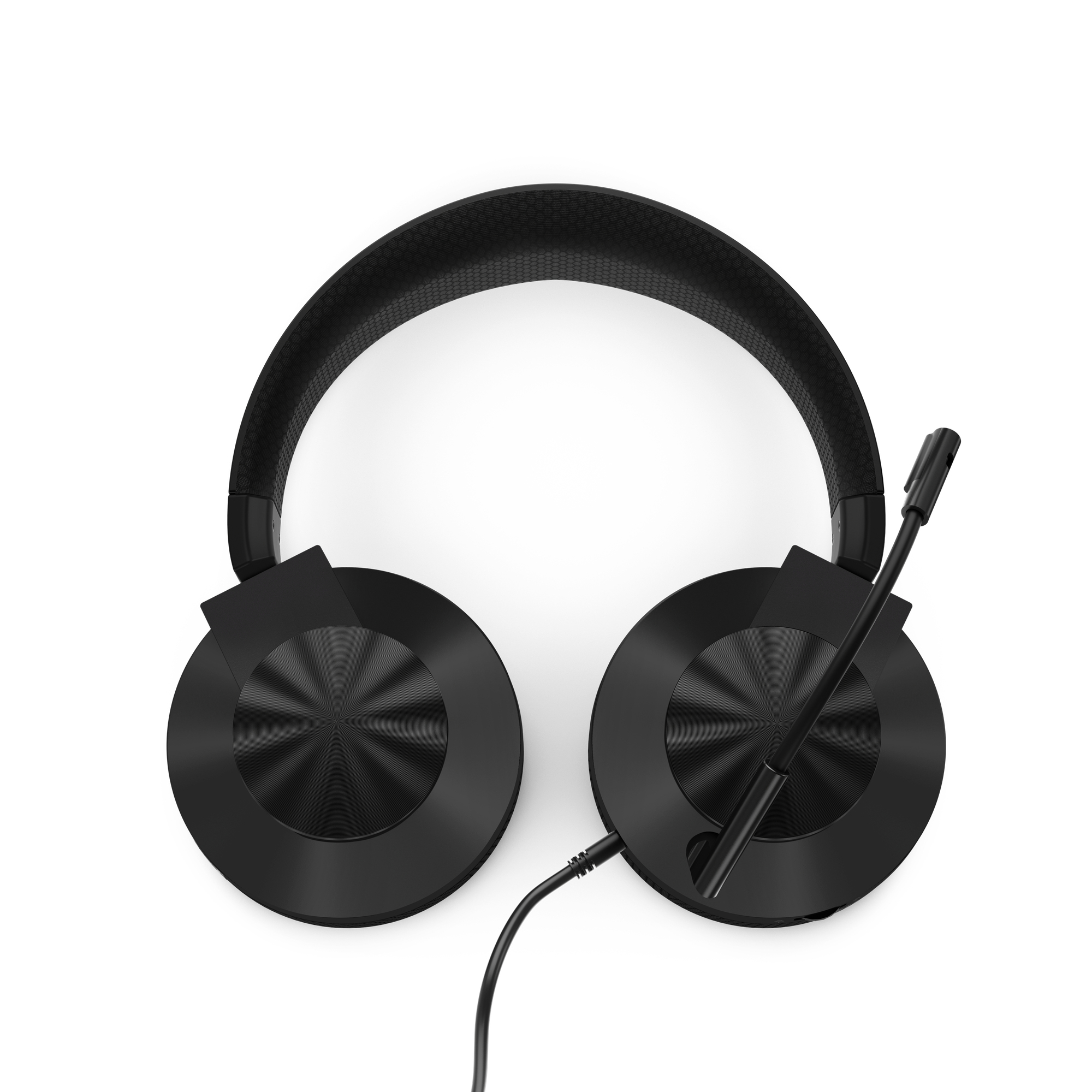 Auriculares negros con micrófono. Los auriculares están sobre fondo blanco, con el cable conectado.