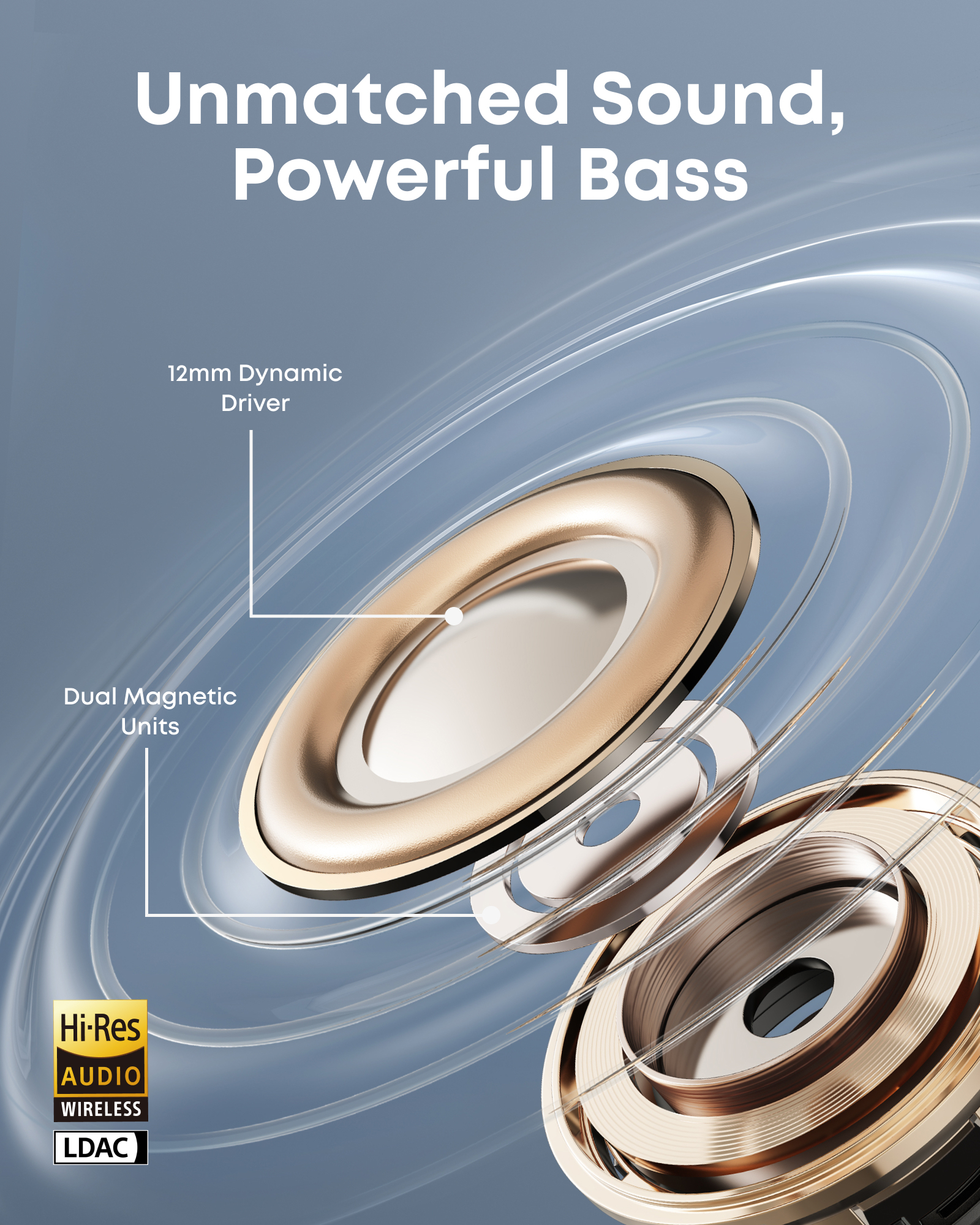 Obraz przedstawia komponenty głośnika z tekstem: Niezrównany dźwięk, potężny bas. Zawiera 12mm Dynamic Driver i Dual Magnetic Units.