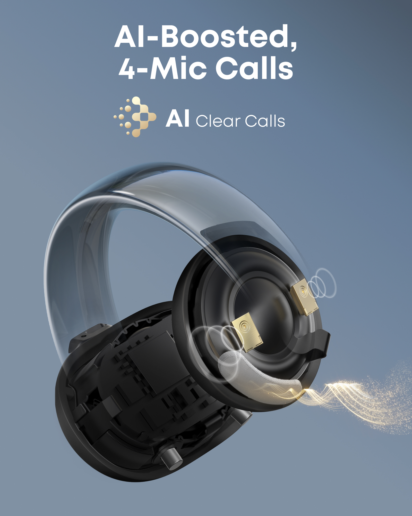 Zbliżenie czarnych słuchawek. Tekst: AI-Boosted, 4-Mic Calls i AI Clear Calls. Niebieskie tło.