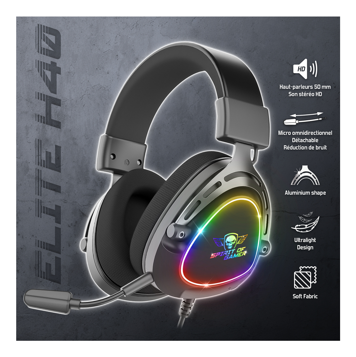 Un auricular para juegos con marco y auriculares negros, con luz LED colorida y micrófono desmontable. Etiquetas de texto visibles.