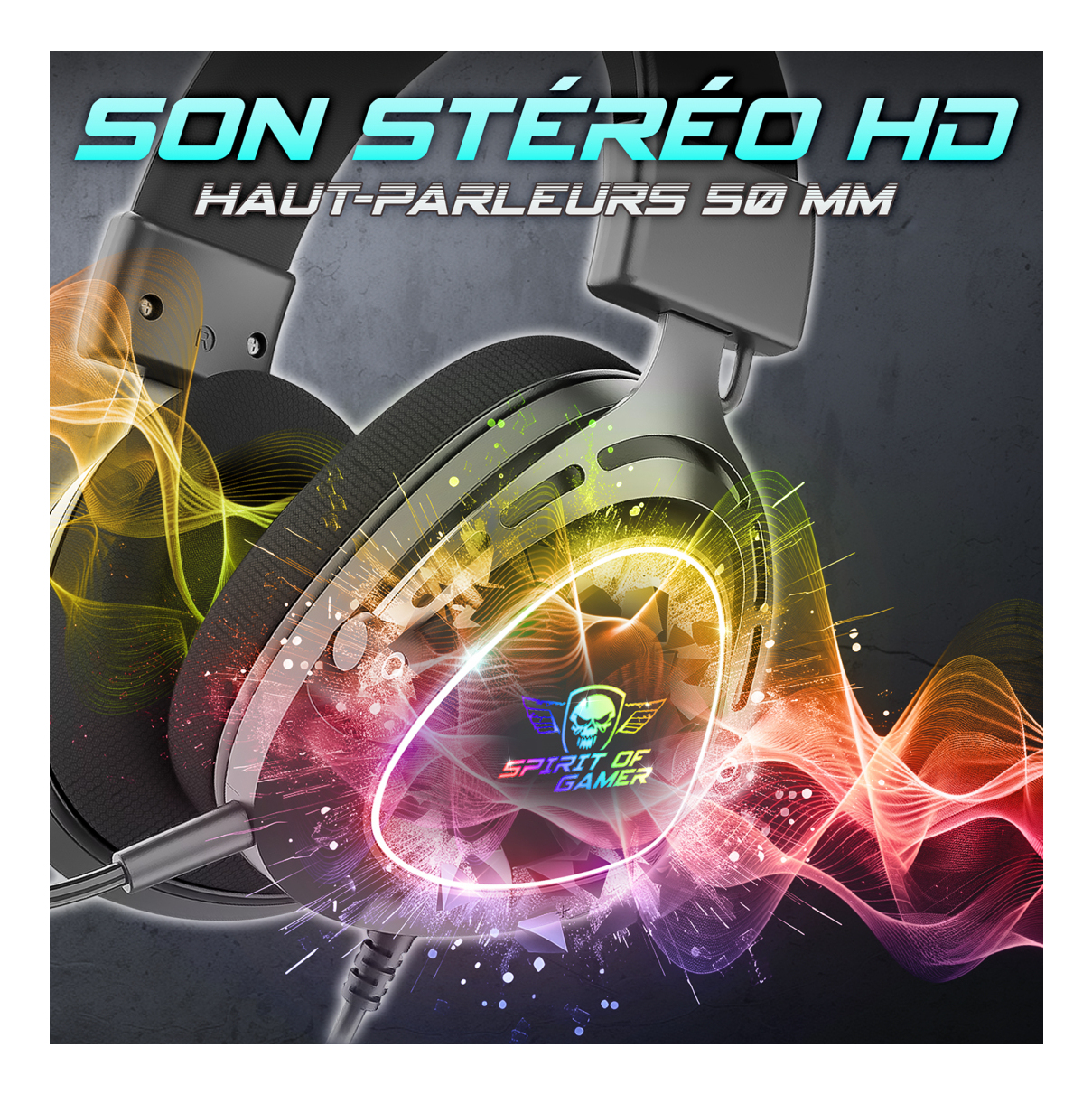 Auriculares con diseño gráfico colorido, el texto dice Stereo HD, Haut-parleurs 50 mm y el logo de Spirit of Gamer.