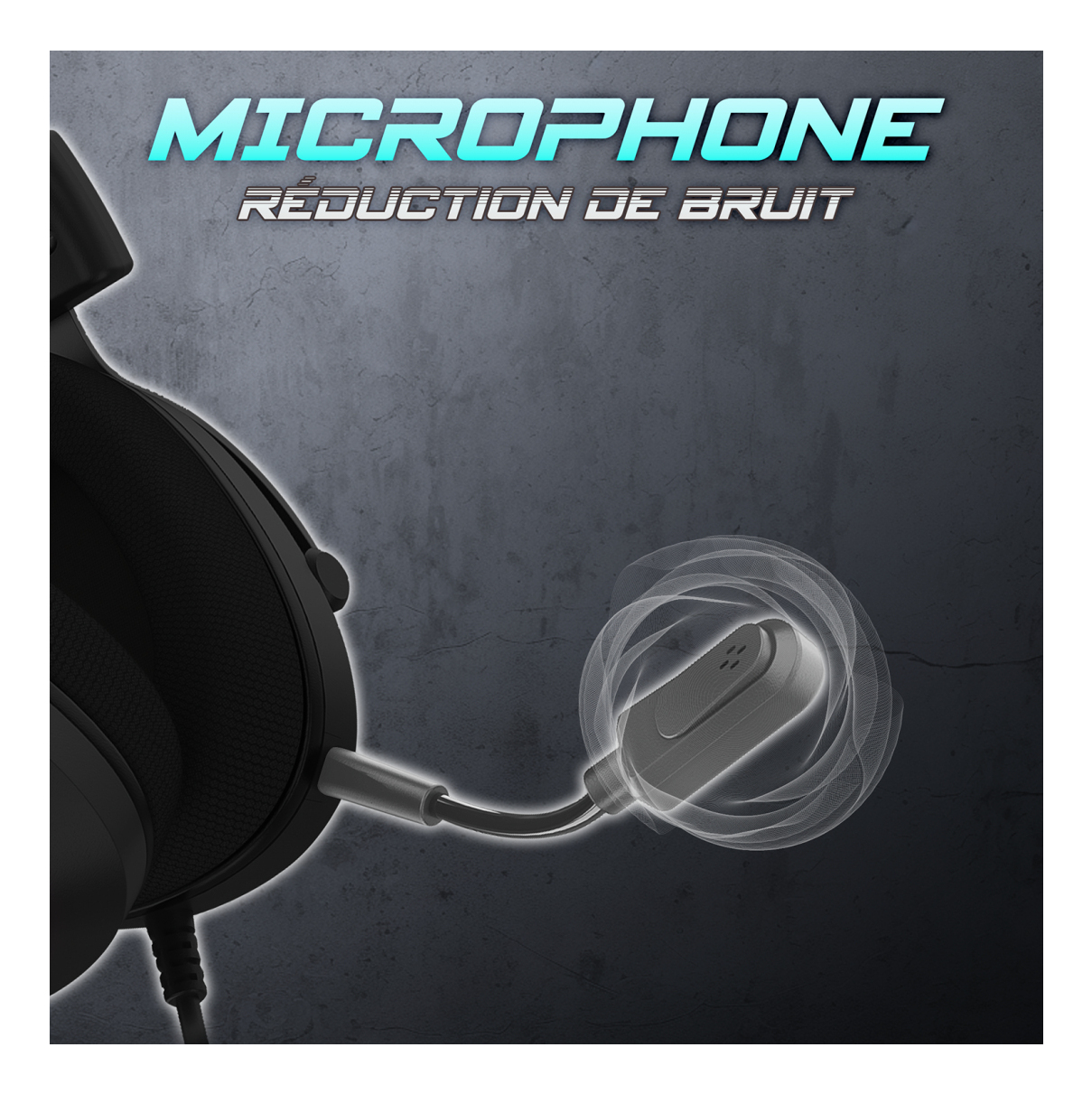 Primer plano de unos auriculares gaming negros con micrófono. El micrófono se destaca con un gráfico de ondas sonoras.