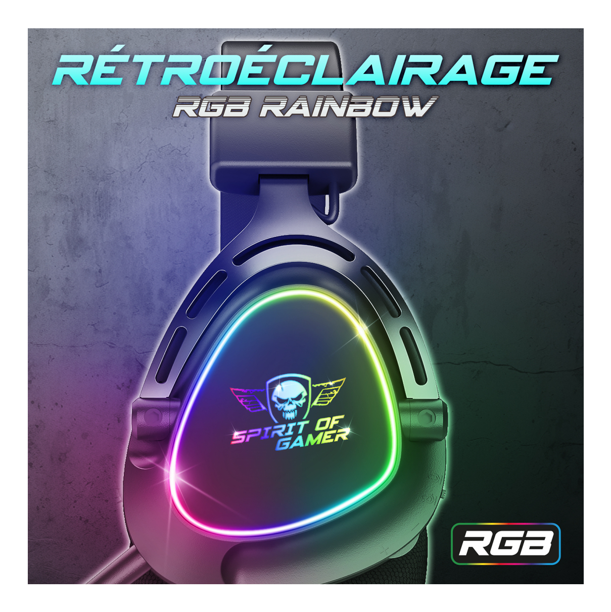 Auriculares gaming con iluminación RGB. Texto: RÉTROÉCLAIRAGE RGB RAINBOW. Un logo de calavera y el texto SPIRIT OF GAMER están presentes.