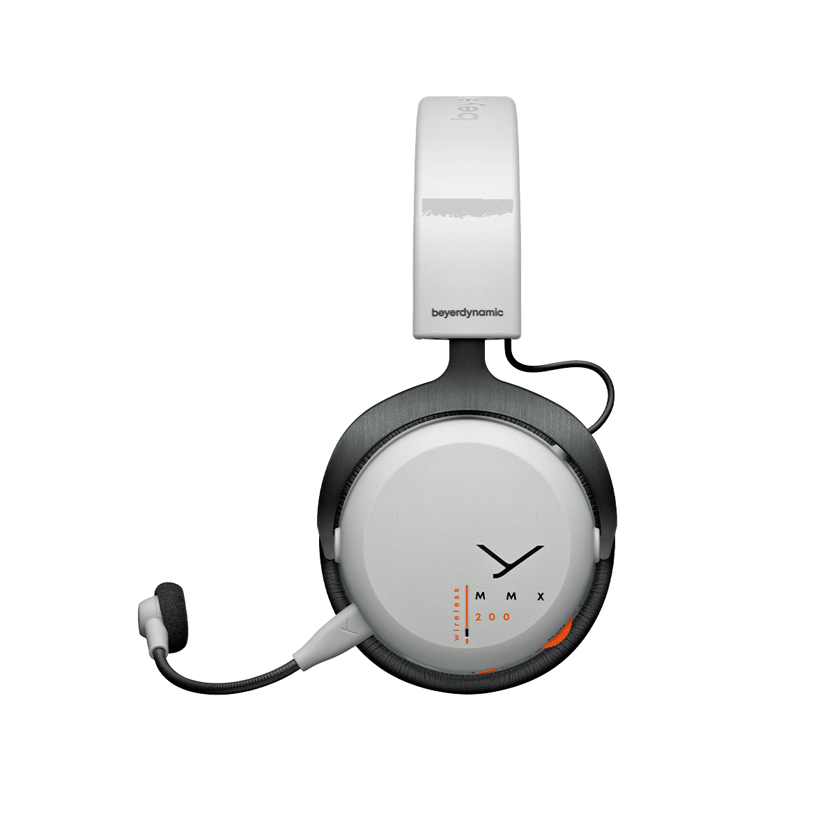 Weißes und schwarzes drahtloses Beyerdynamic-Headset. Es hat ein Bügelmikrofon. Die Ohrmuscheln tragen die Modellbezeichnung MMX 200.