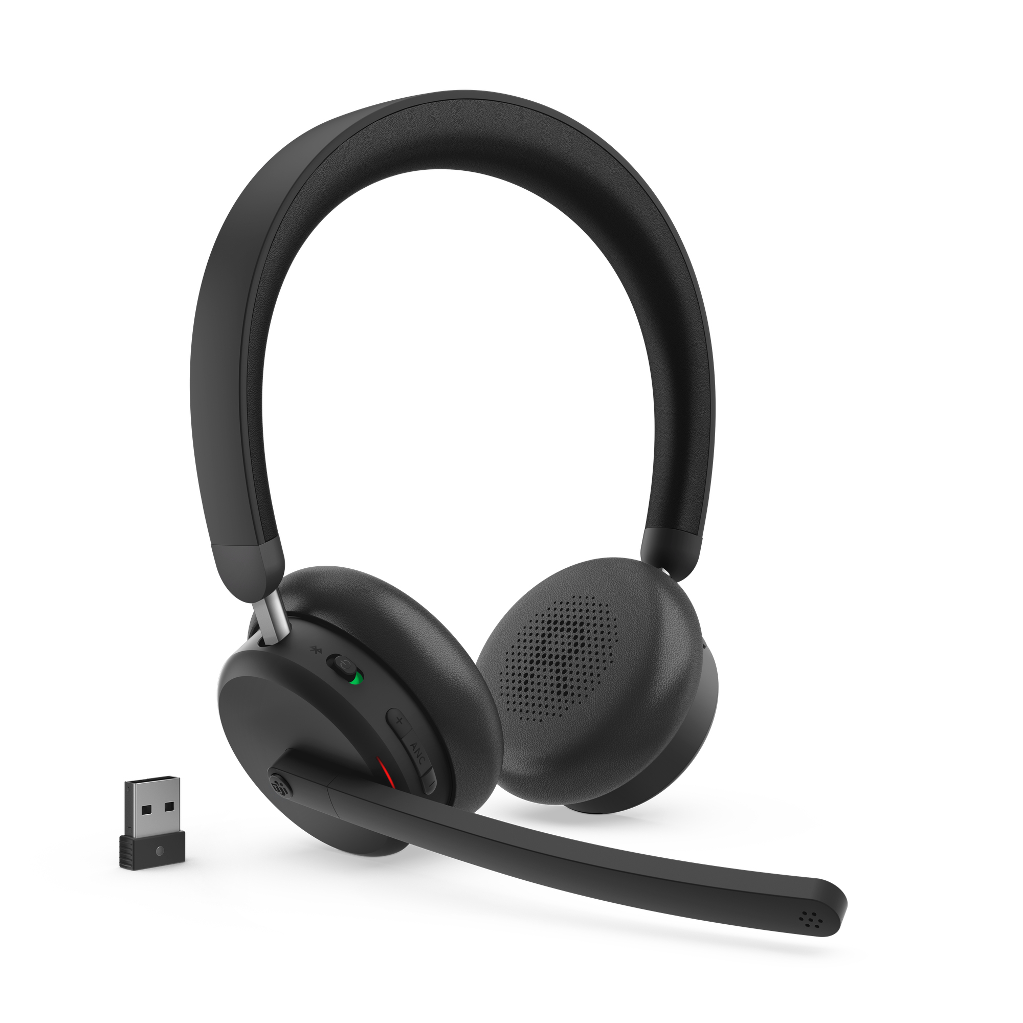 Cuffie nere con microfono e adattatore USB. Le cuffie hanno padiglioni circolari e archetto curvo.