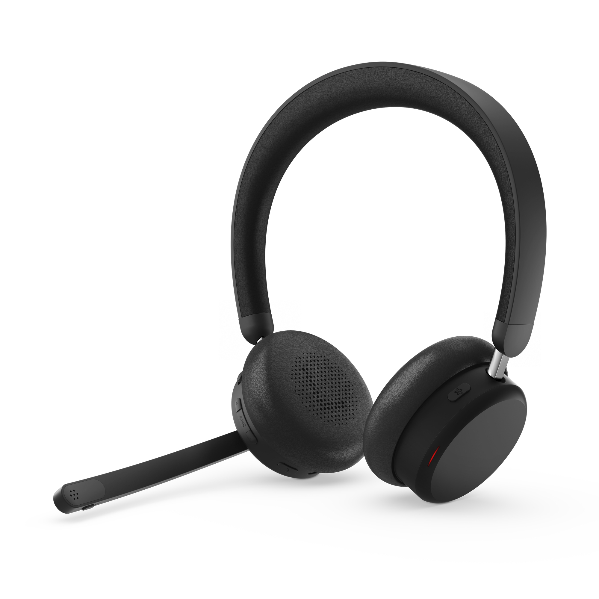 Casque noir avec microphone sur fond blanc. Il possède un serre-tête et des écouteurs réglables, et un microphone.