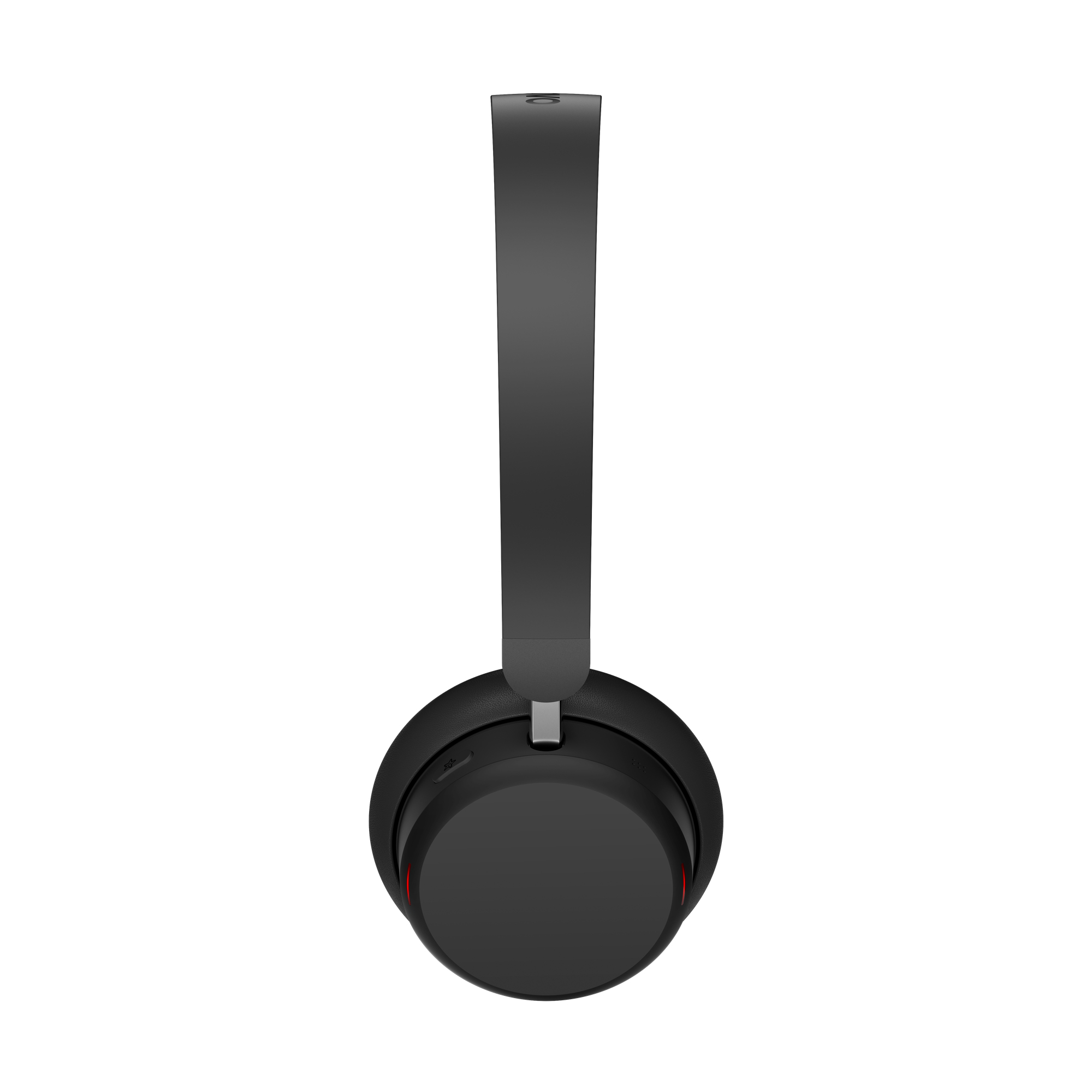 Casque noir sur fond blanc. Le casque est en position verticale. Les écouteurs sont ronds.