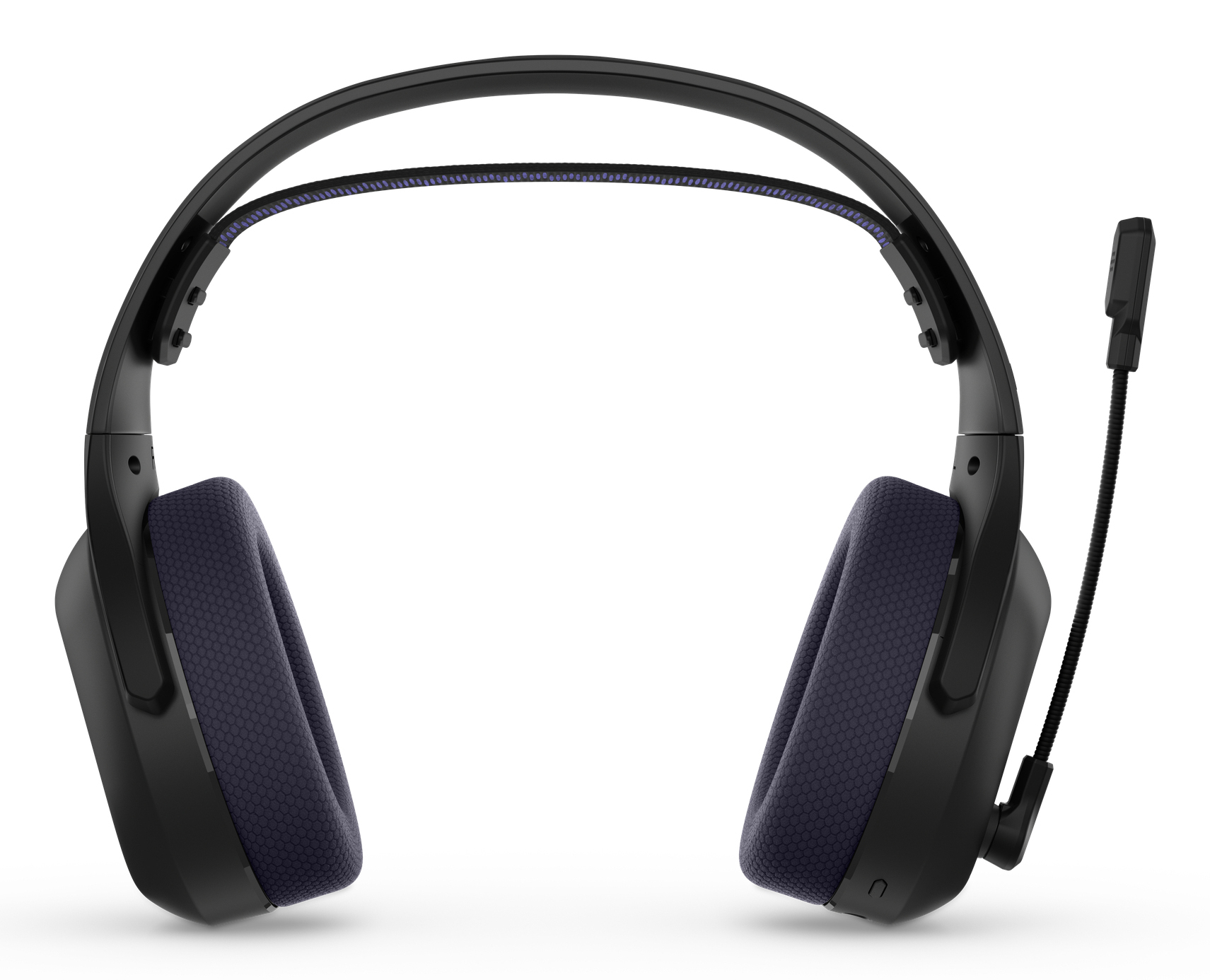 Schwarzes Gaming-Headset mit blau-violetten Ohrmuscheln und Kopfbügeldetails sowie einem flexiblen Mikrofon. Weißer Hintergrund.