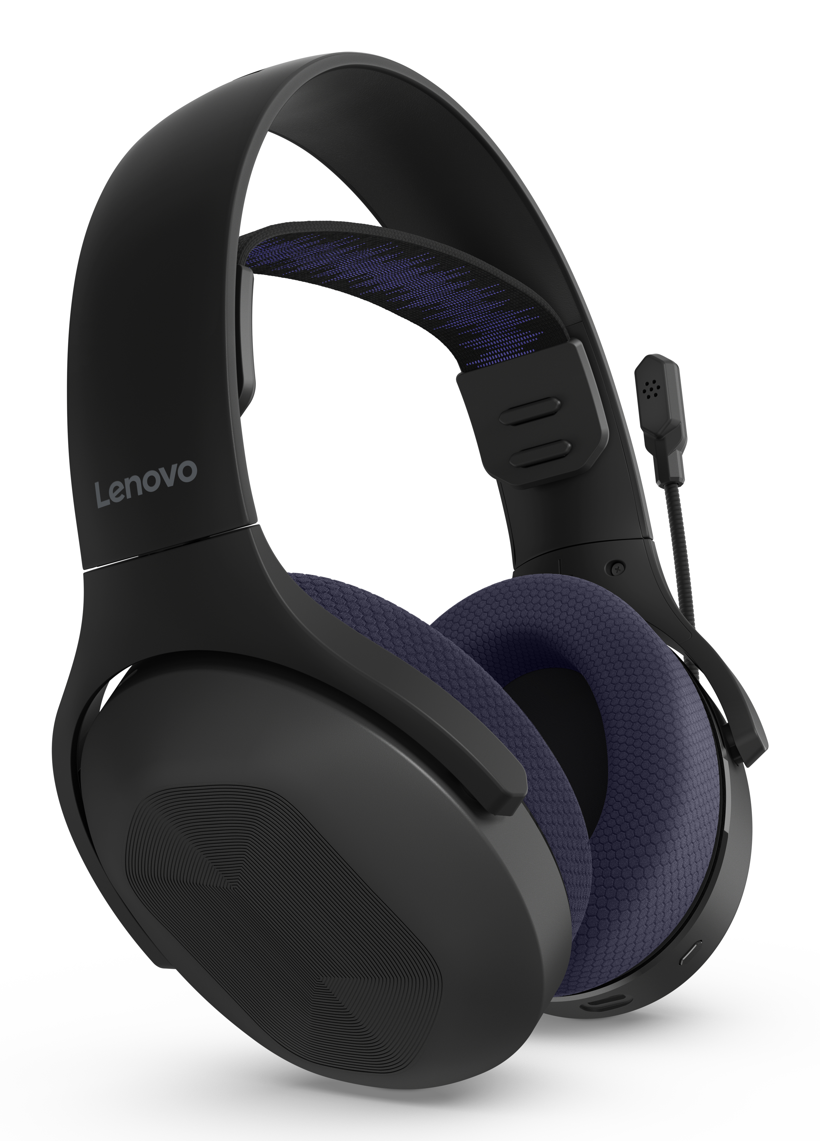 Schwarzes Lenovo Gaming-Headset mit blauen Akzenten. Mit Mikrofon, gepolstertem Kopfband und Ohrmuscheln.