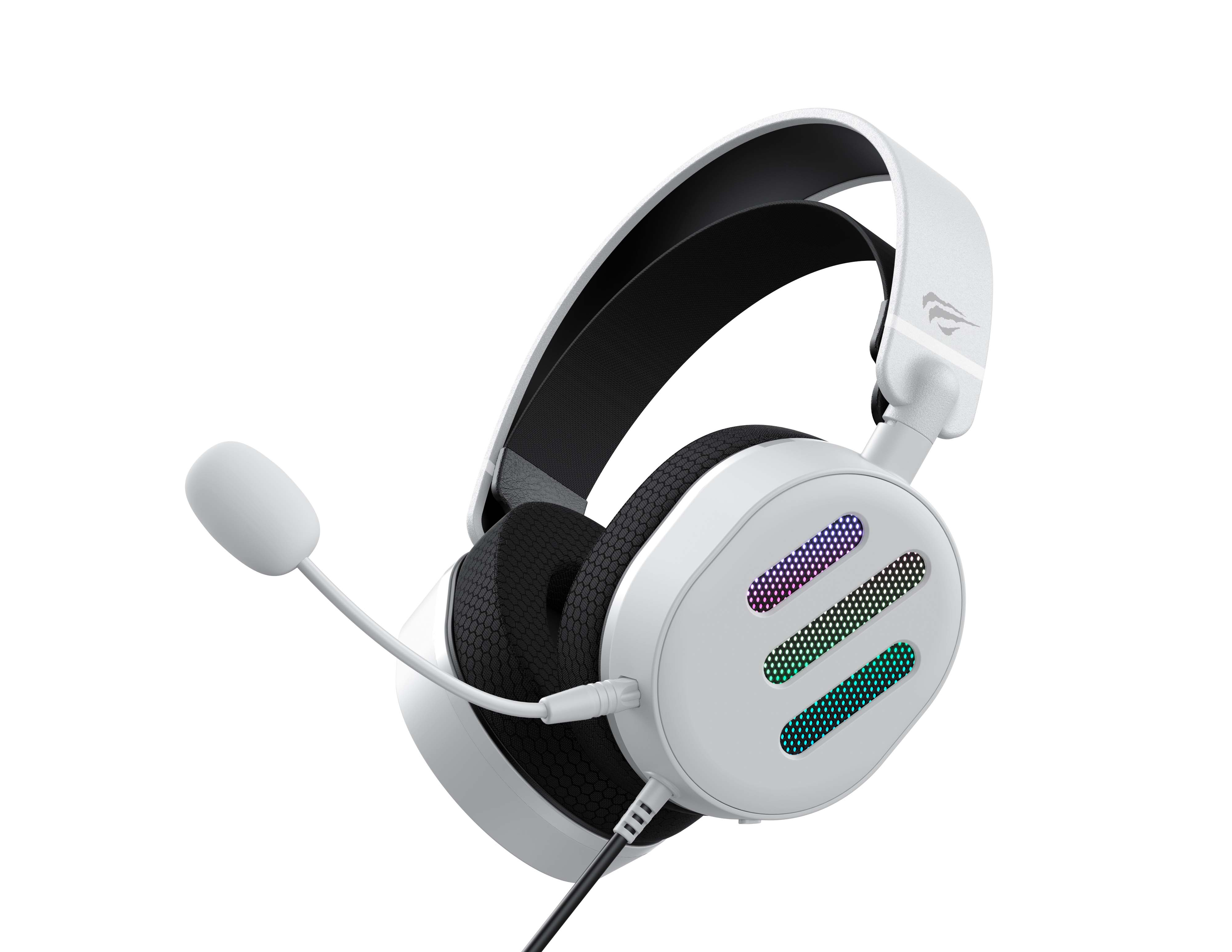 Biały zestaw słuchawkowy dla graczy z czarnym pałąkiem i nausznikami. Ma mikrofon i kolorowe światła.