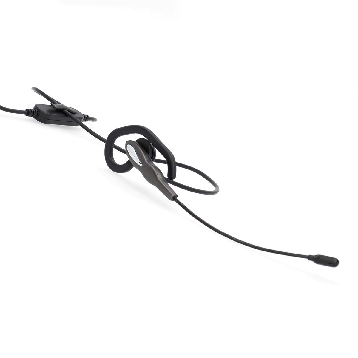 Ein schwarzes Headset mit Mikrofon liegt auf einer weißen Oberfläche. Das Headset hat einen gebogenen Ohrbügel und ein langes, dünnes Mikrofon.