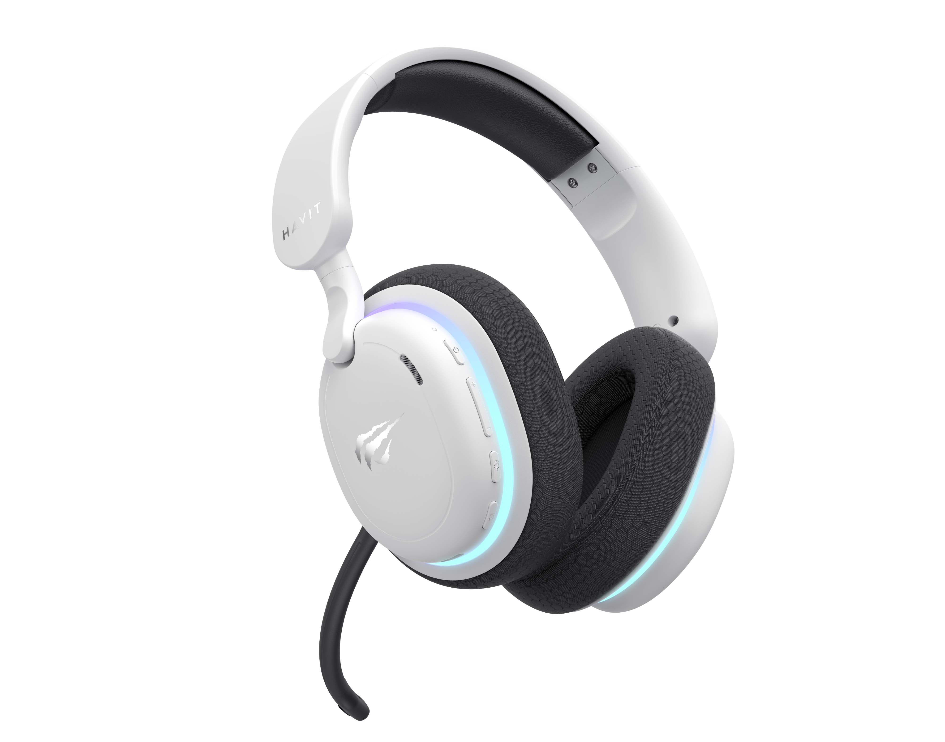 Biało-czarny zestaw słuchawkowy HAVIT. Ma czarne nauszniki i mikrofon. Zestaw słuchawkowy znajduje się na białym tle.
