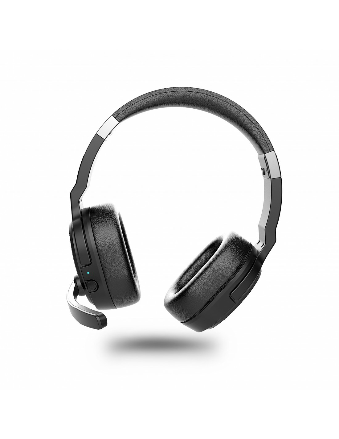 Cuffie wireless nere con microfono, fluttuanti su sfondo bianco. L'auricolare è angolato.