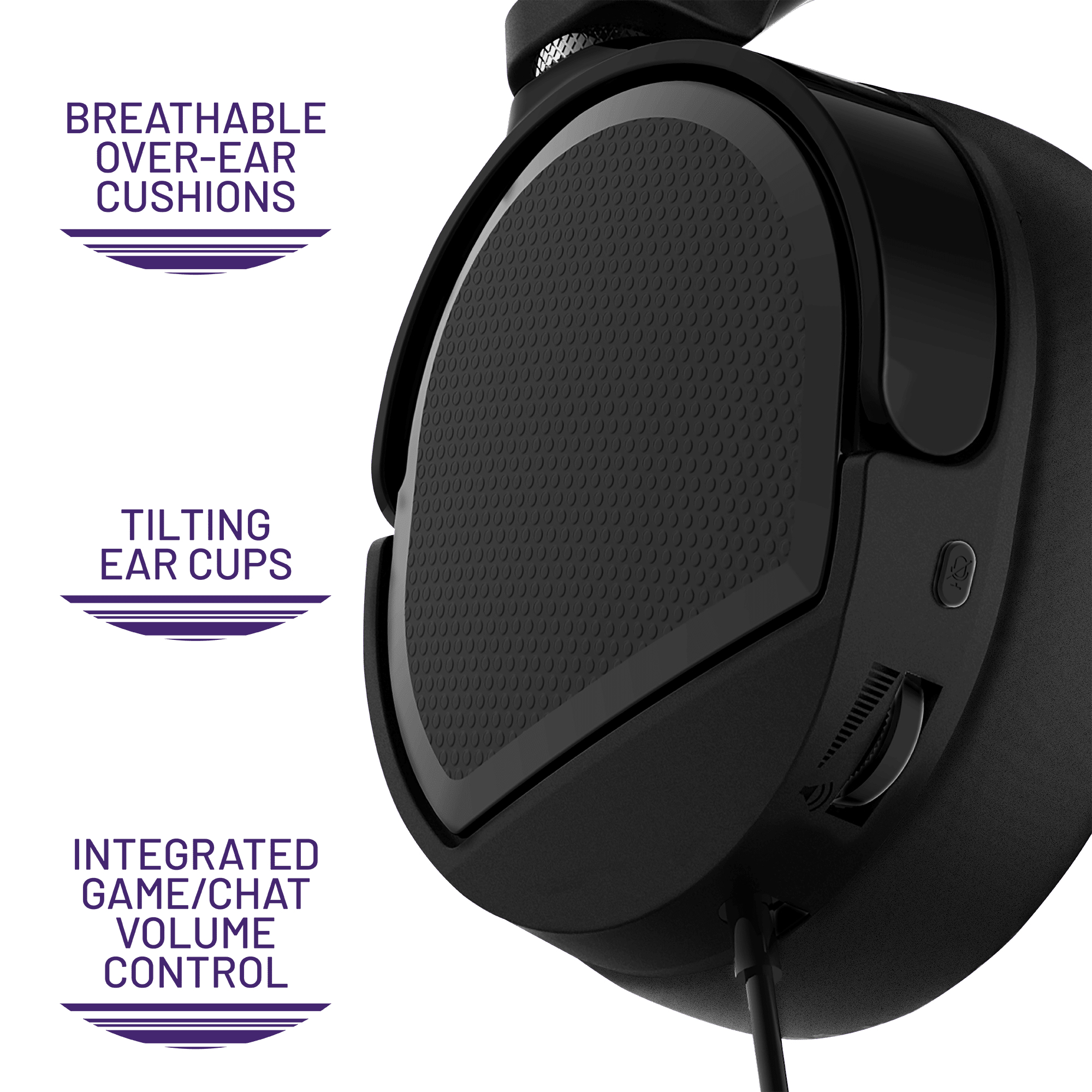 Schwarzes Gaming-Headset mit Text: atmungsaktive Polster, kippbare Ohrmuscheln, Lautstärkeregelung. Weißer Hintergrund.
