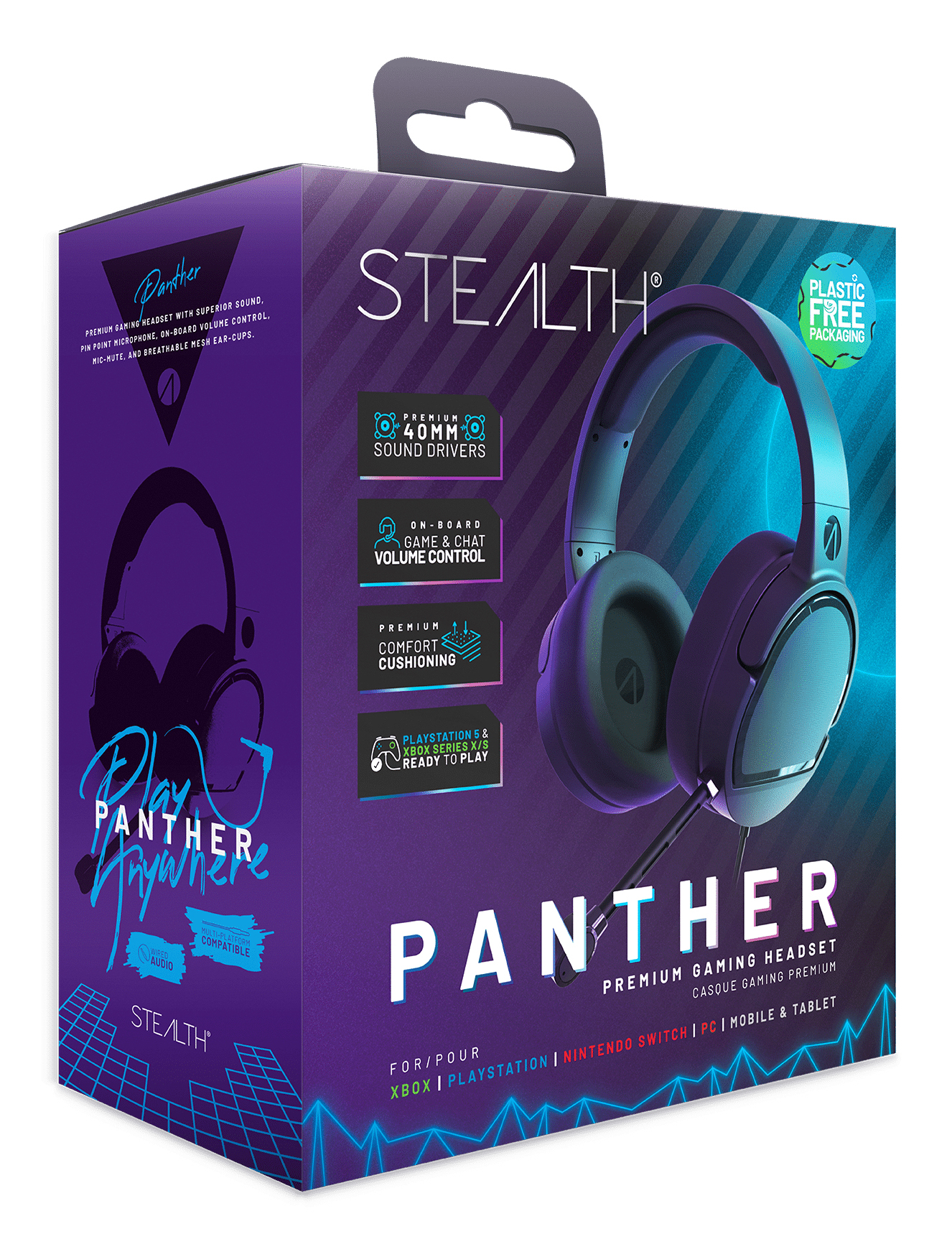 Eine Panther-Gaming-Headset-Box. Sie ist lila mit einer Headset-Grafik. Text beschreibt Funktionen wie 40-mm-Soundtreiber und Komfort.