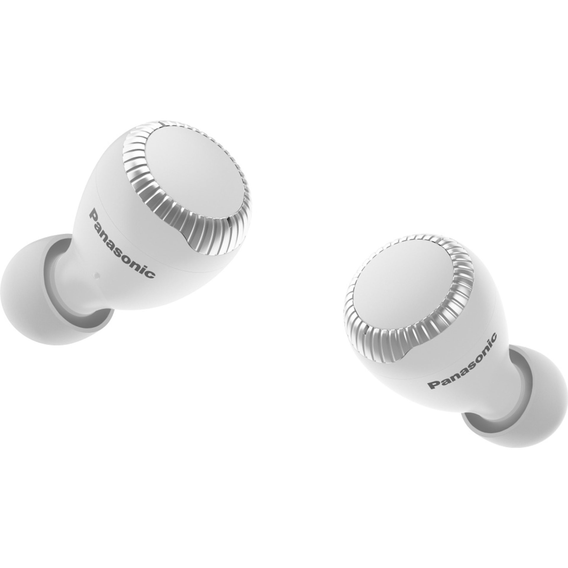Dos auriculares blancos Panasonic sobre fondo blanco. Cada uno tiene un anillo plateado y una pequeña punta.