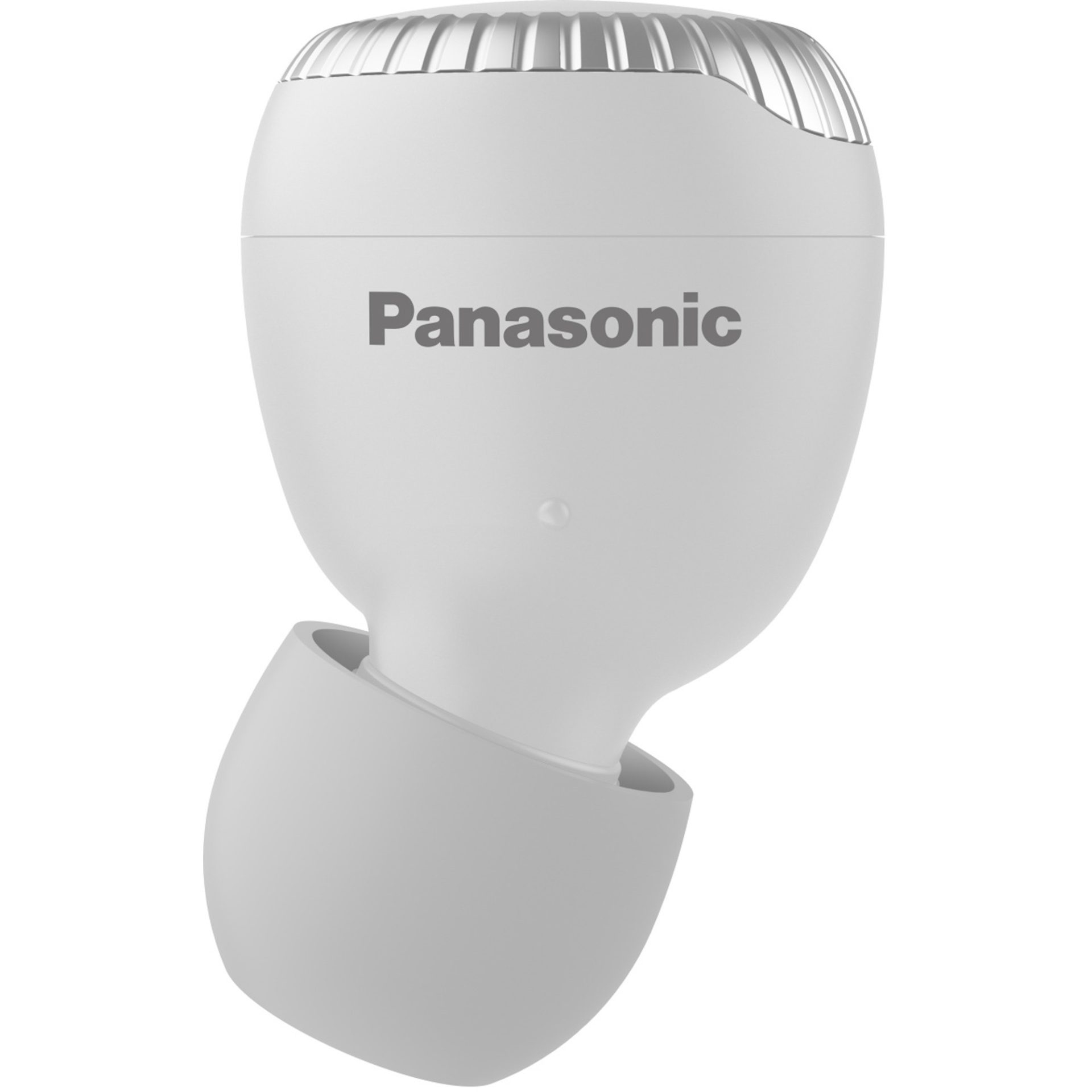 Un auricular Panasonic blanco sobre un fondo blanco. La palabra Panasonic está impresa en el auricular.