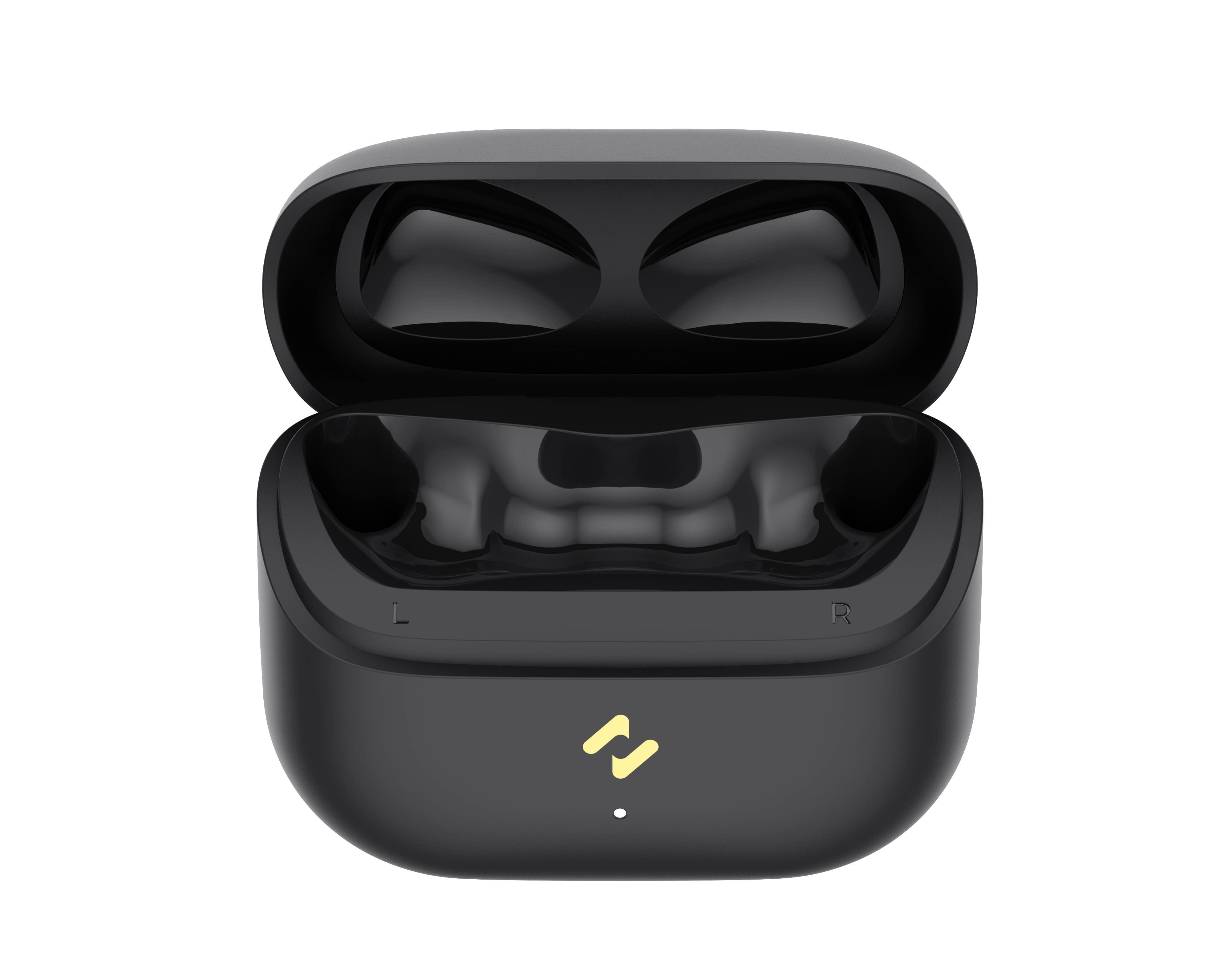 Otwarta czarna obudowa ładująca słuchawek z oznaczeniami 'L' i 'R'. Złote logo i małe światło z przodu.
