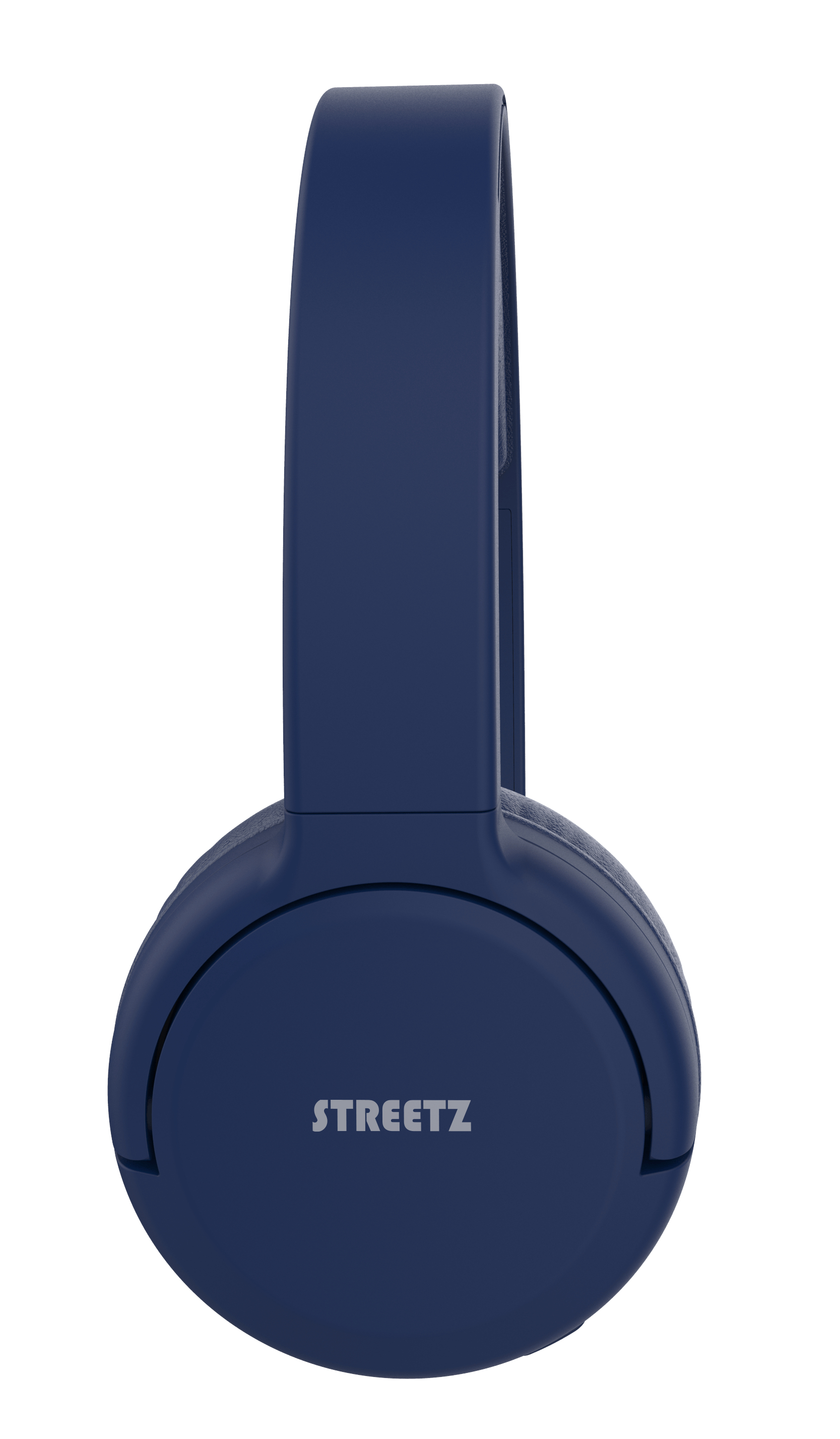 Een marineblauwe Streetz over-ear hoofdtelefoon. De oorschelpen zijn afgerond en de hoofdband is gebogen. De merknaam staat op de oorschelp.
