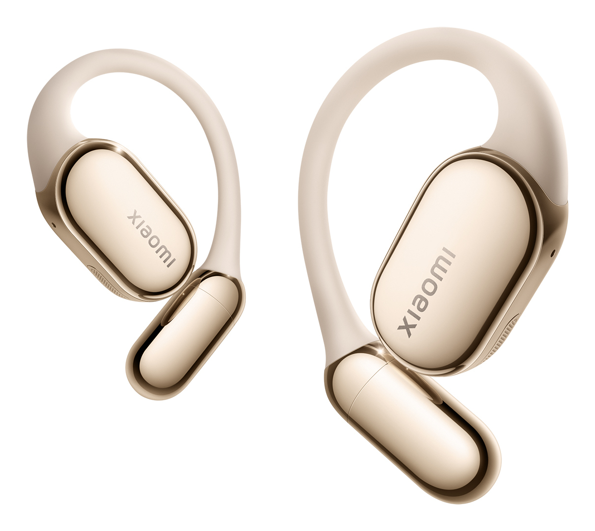 Dwa beżowo-złote sportowe słuchawki Xiaomi na białym tle. Każdy ma haczyk na ucho i logo Xiaomi.