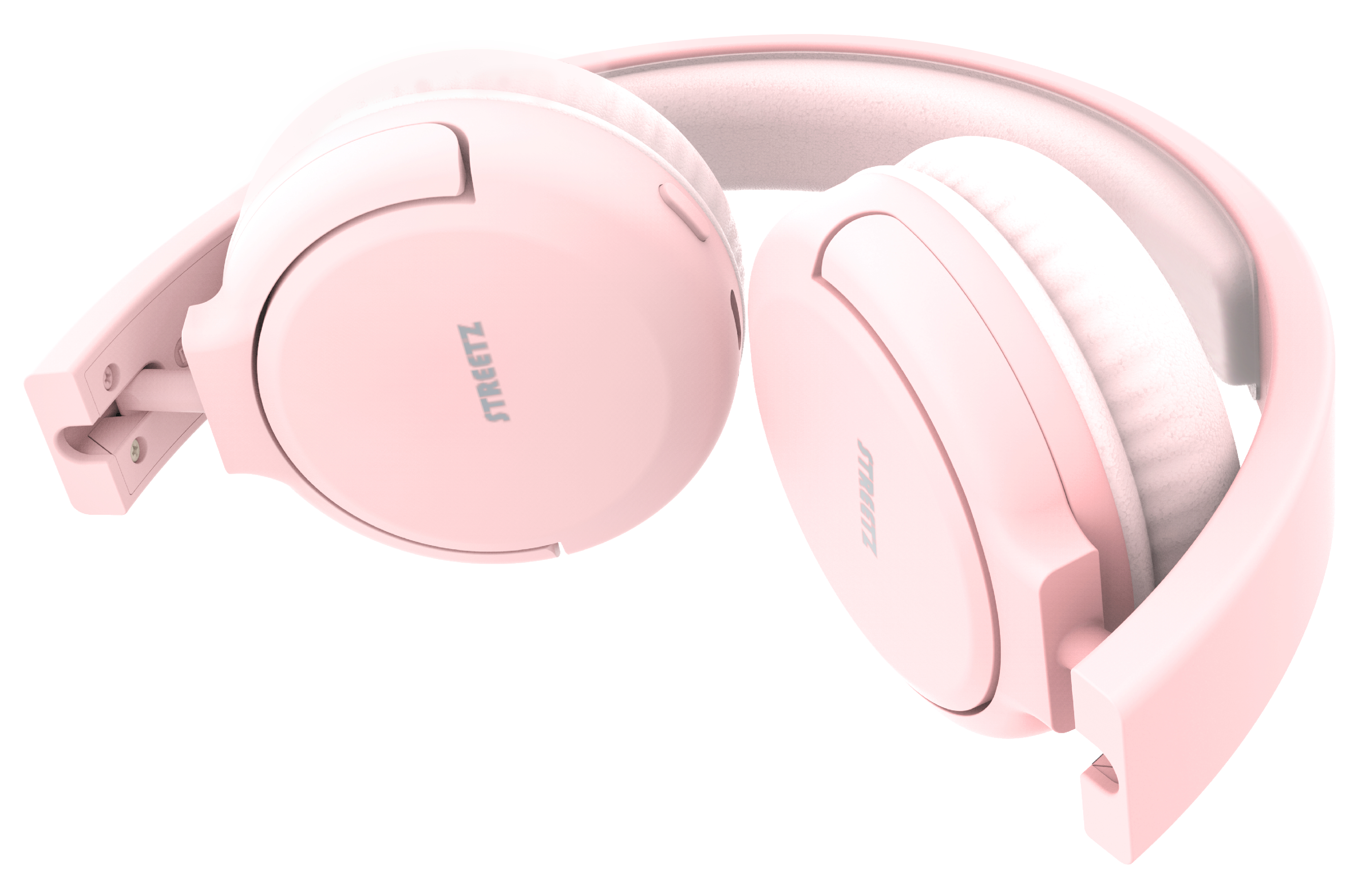 Cuffie rosa su sfondo bianco, una aperta. Il marchio STREETZ è visibile su un padiglione.