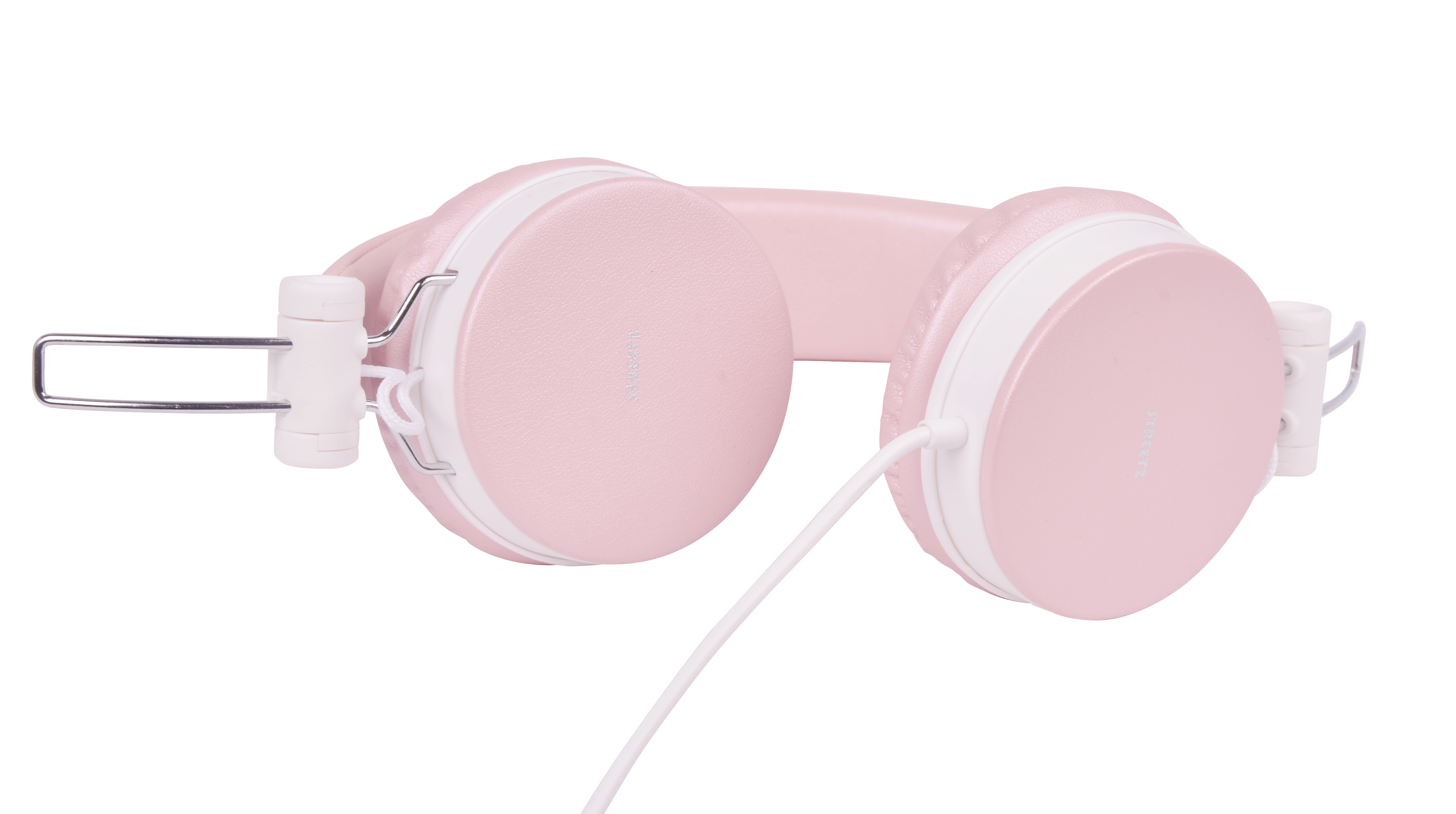 Pink headphones with white accents and a white cable. The headphones are on a white background. 