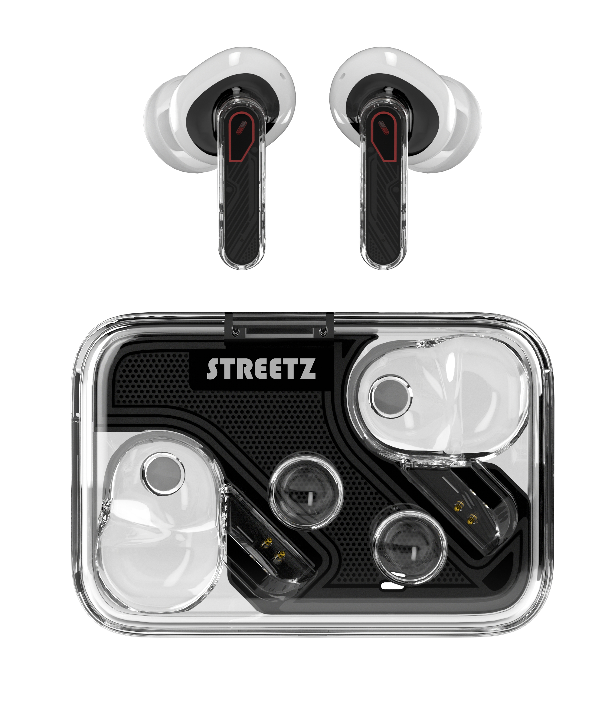 Auricolari e custodia di ricarica. Gli auricolari sono bianchi e neri. La custodia è trasparente con dettagli neri e la scritta STREETZ.