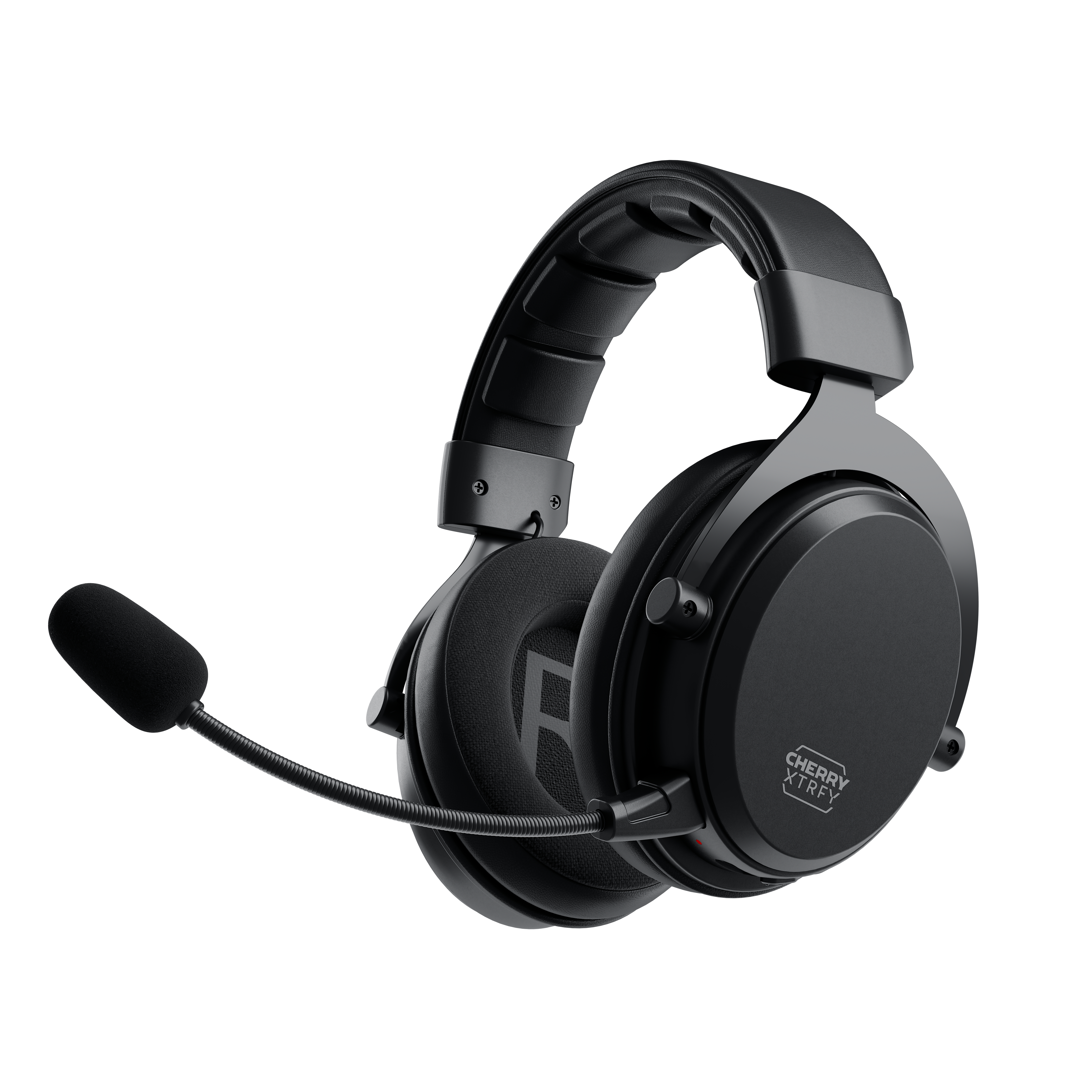 Casque de jeu noir avec microphone. Le casque est sur fond blanc. Le logo CHERRY XTRFY est visible.
