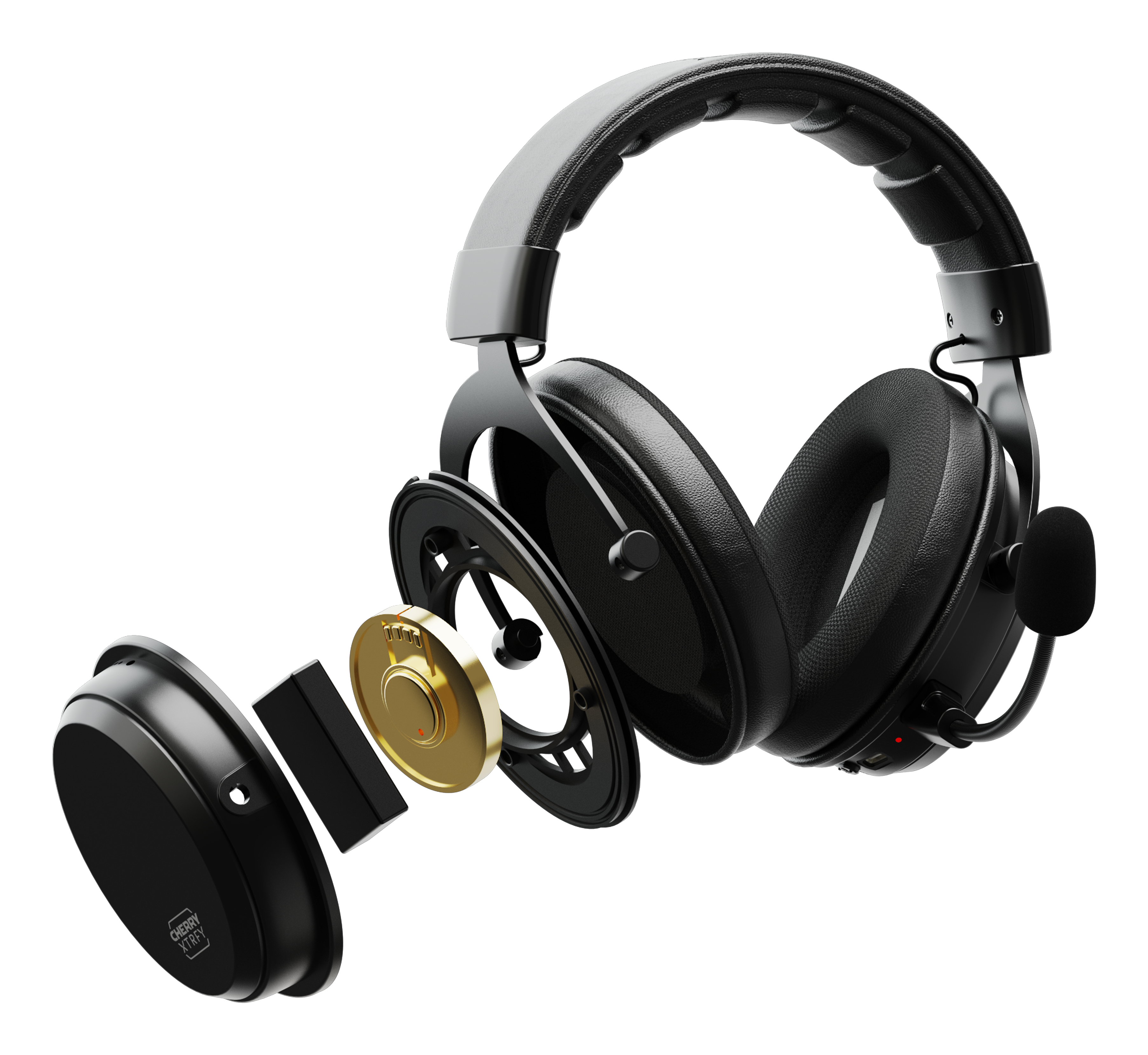 Vue éclatée d'un casque noir, révélant les composants internes. Un disque doré est visible. La marque est visible.