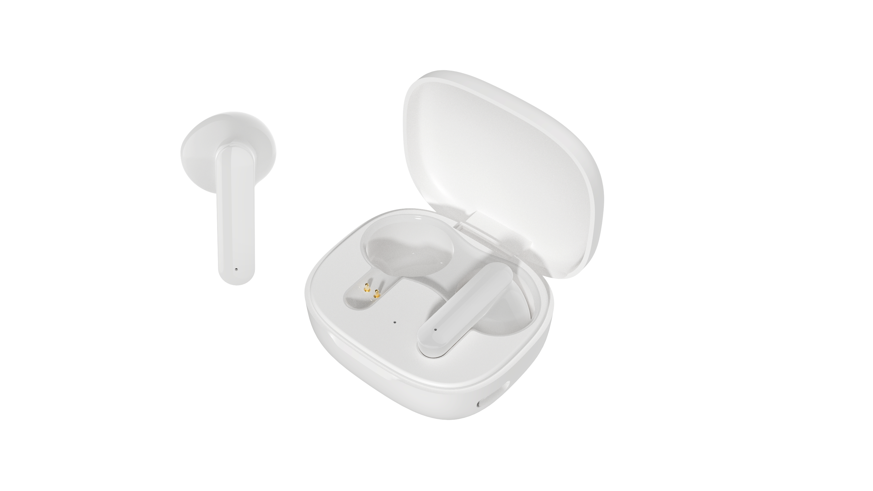 Auricolari wireless bianchi, uno autonomo, l'altro in una custodia di ricarica aperta. Entrambi hanno un design minimalista e liscio.
