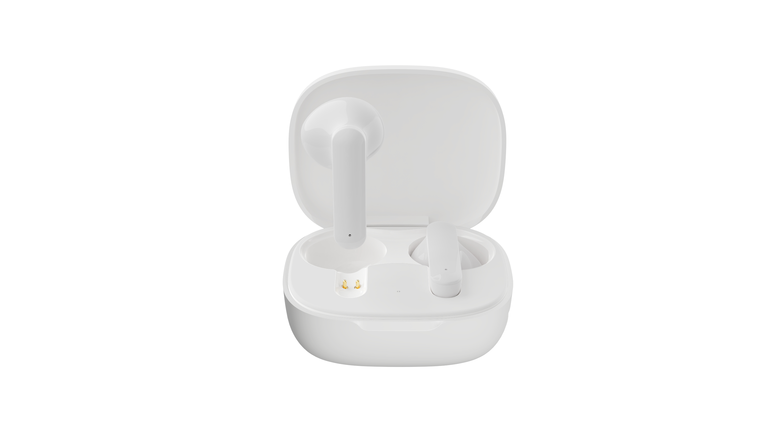 Auricolari wireless bianchi in una custodia di ricarica aperta su sfondo bianco. Un auricolare è fuori dalla custodia.