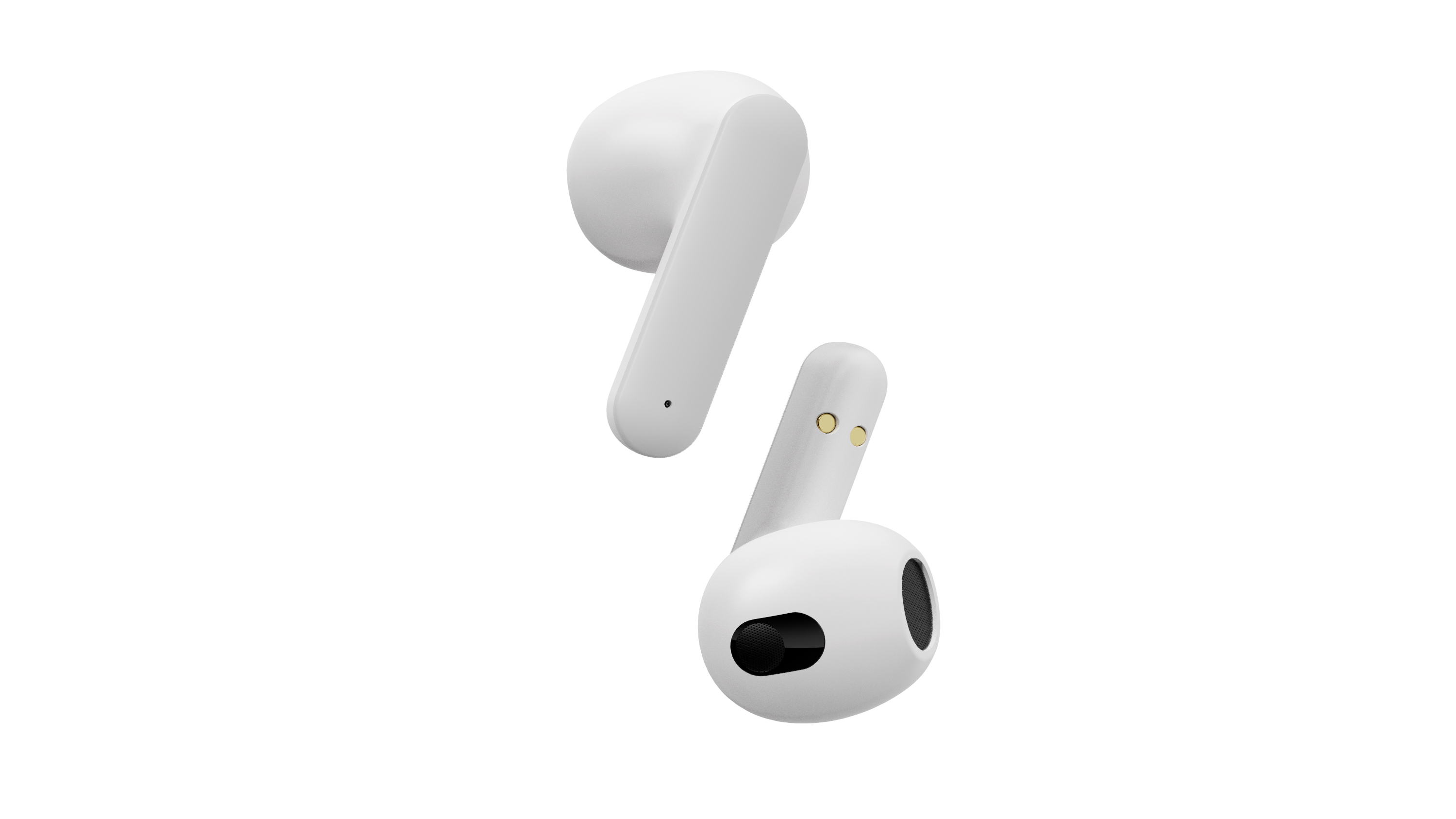 Due auricolari wireless bianche, una verticale, una angolata. Una ha un altoparlante nero. Sfondo bianco.