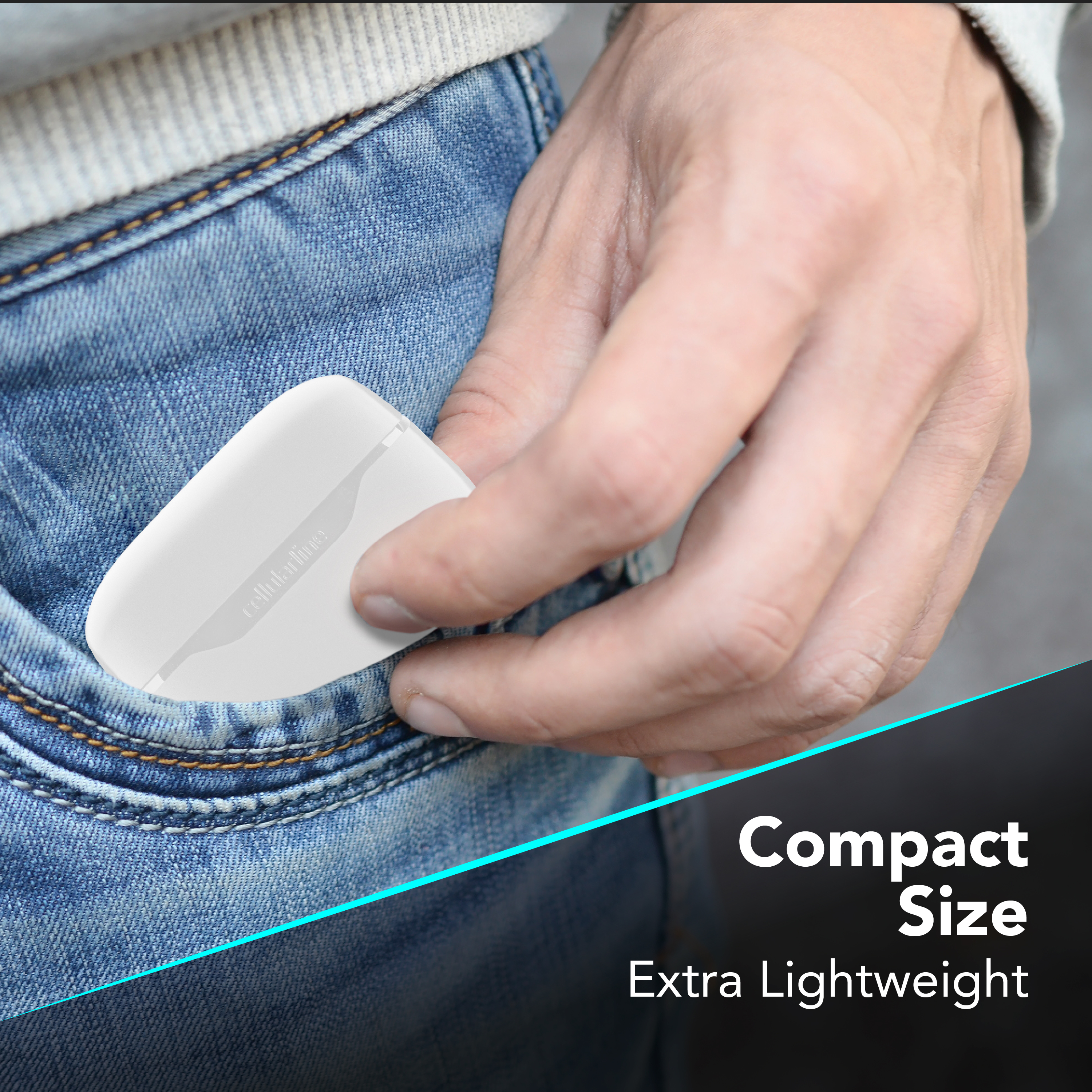 Eine Hand, die ein weißes Gerät in eine blaue Jeanstasche legt. Der Text lautet 'Compact Size Extra Lightweight'.