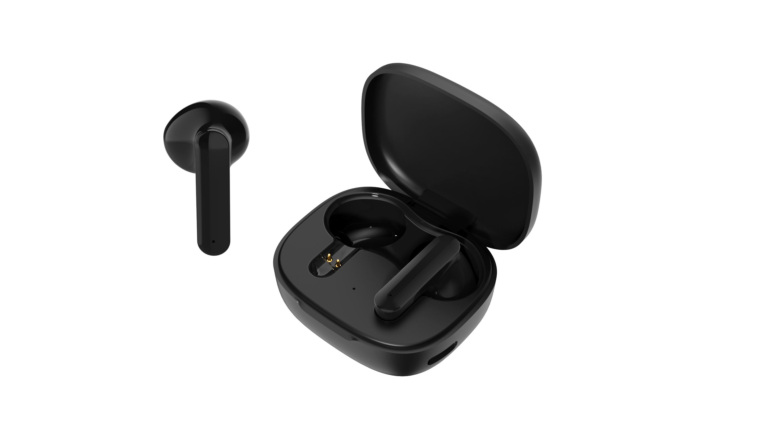 Auricolari wireless neri, uno separato, l'altro in una custodia di ricarica aperta, su sfondo bianco.