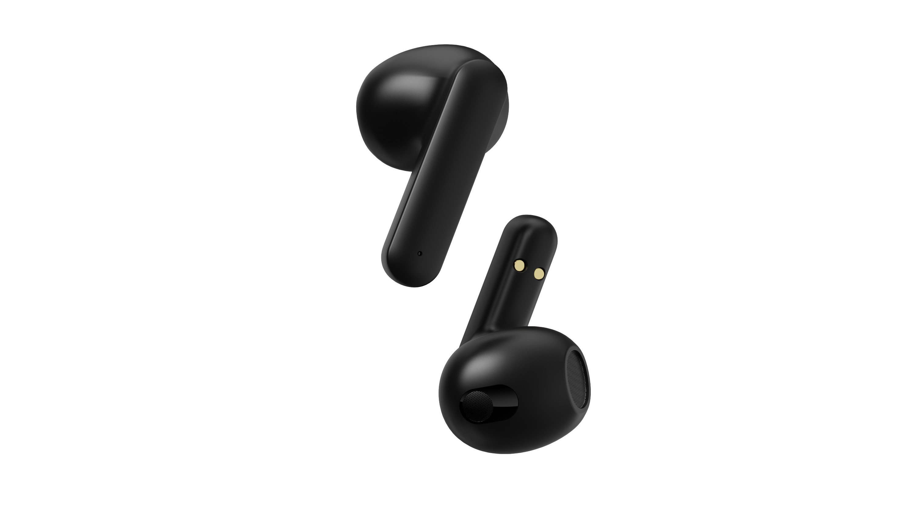 Due auricolari wireless neri su sfondo bianco. Uno è in posizione verticale, l'altro angolato. Ognuno ha uno stelo con punti dorati.