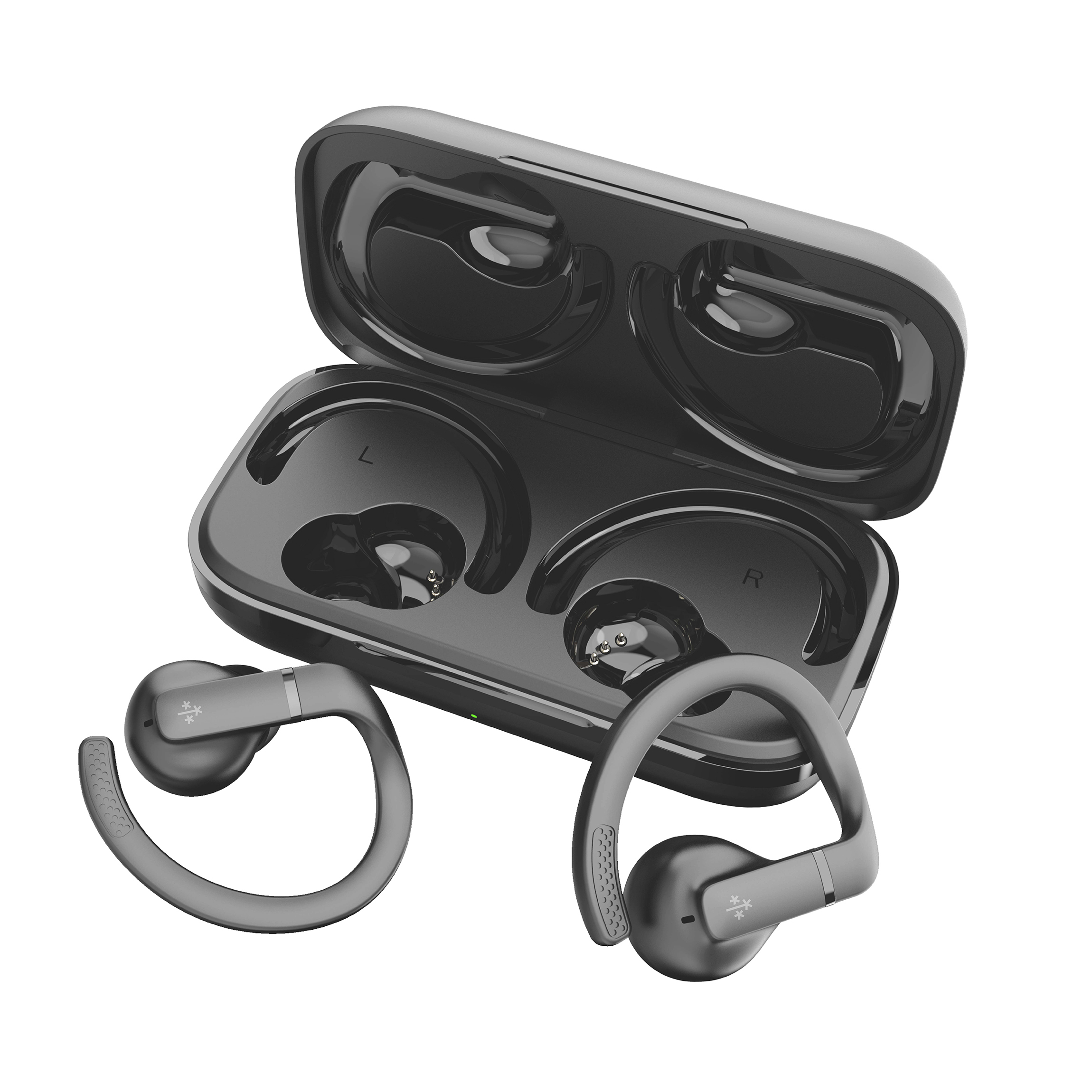 Auriculares inalámbricos grises y estuche de carga sobre blanco. Los auriculares tienen ganchos. El estuche está abierto.
