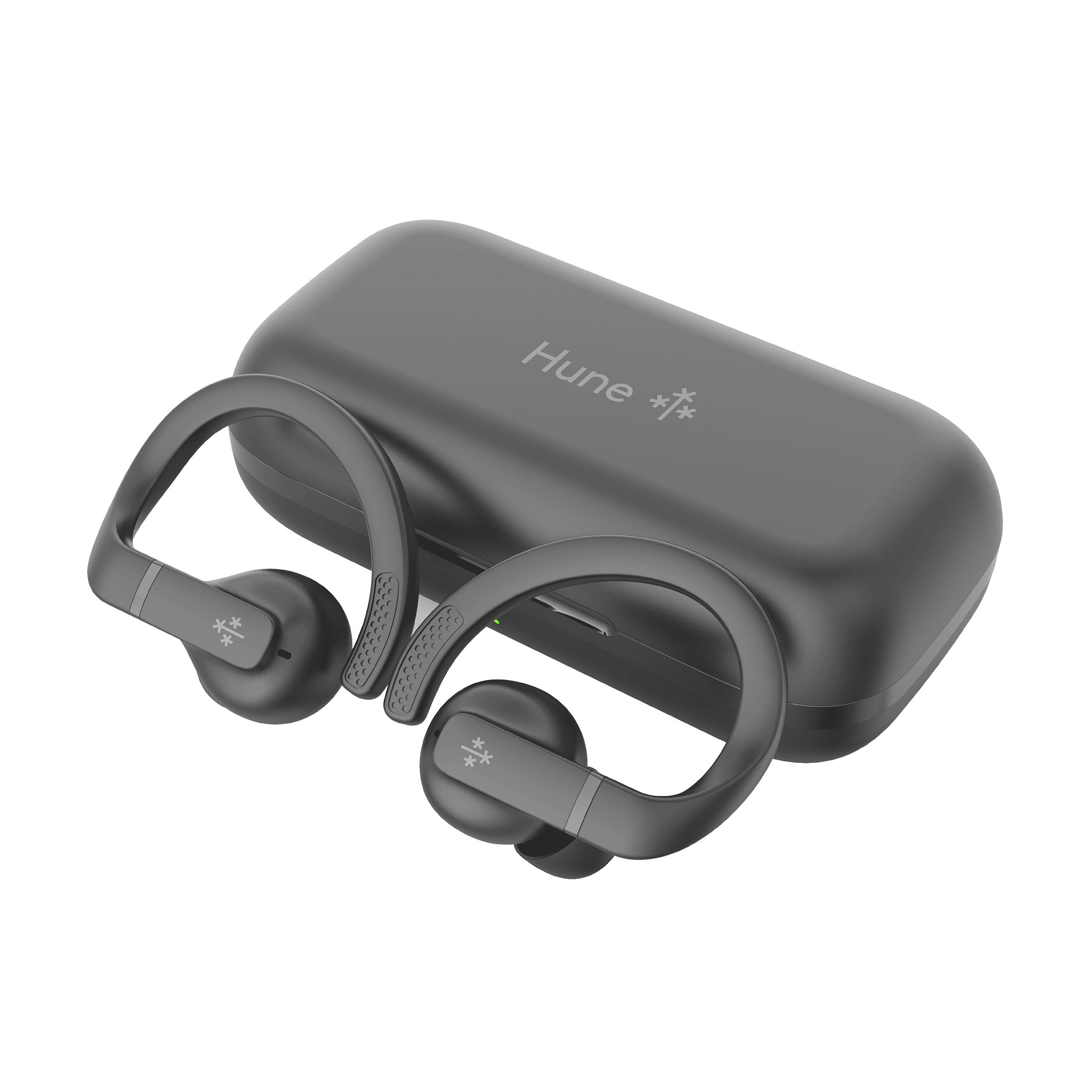 Un par de auriculares deportivos grises con estuche de carga. Los auriculares tienen un diseño de gancho para la oreja. El estuche tiene el nombre 'Hune'.