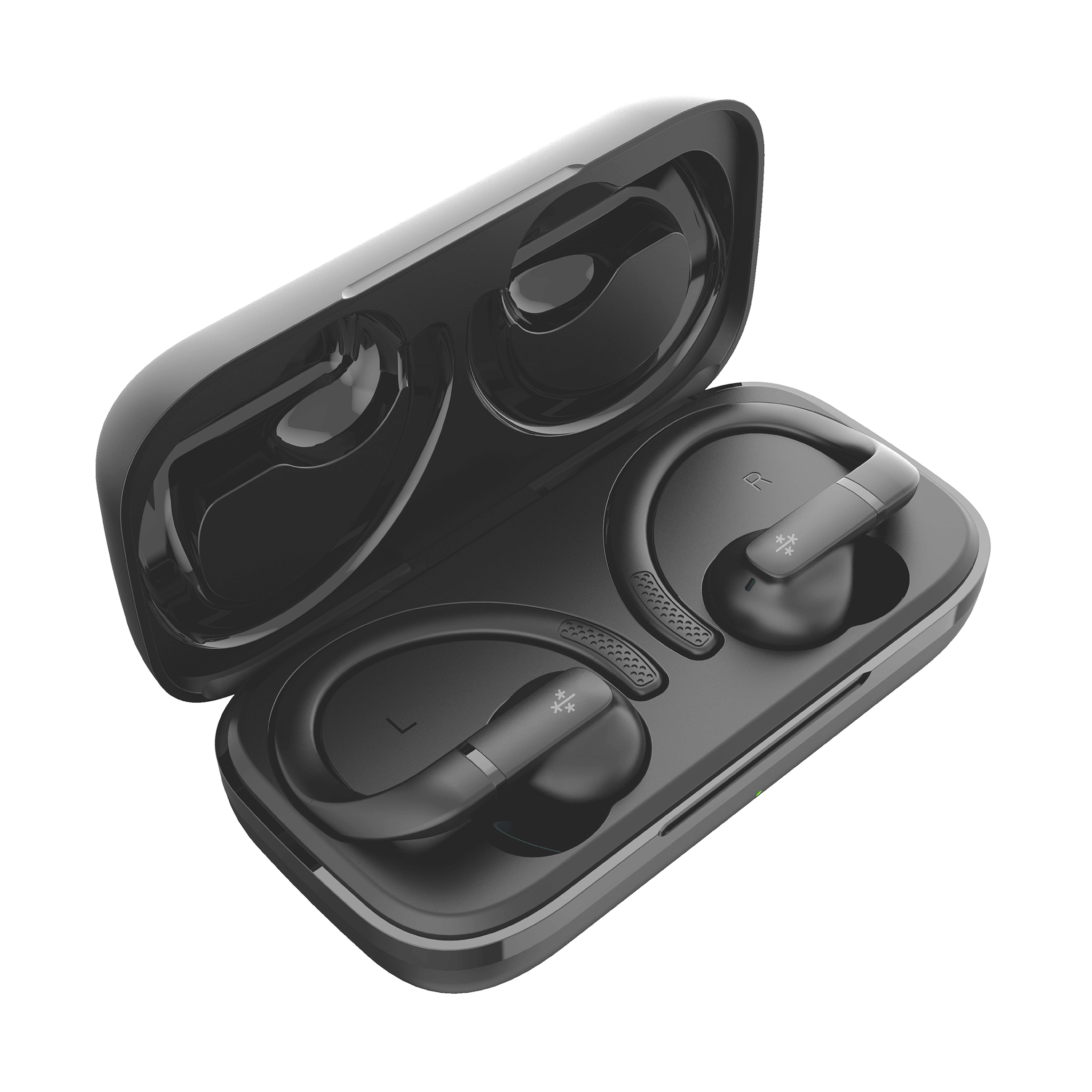 Auriculares inalámbricos negros en un estuche de carga abierto. Los auriculares tienen ganchos para las orejas e indicadores de carga.
