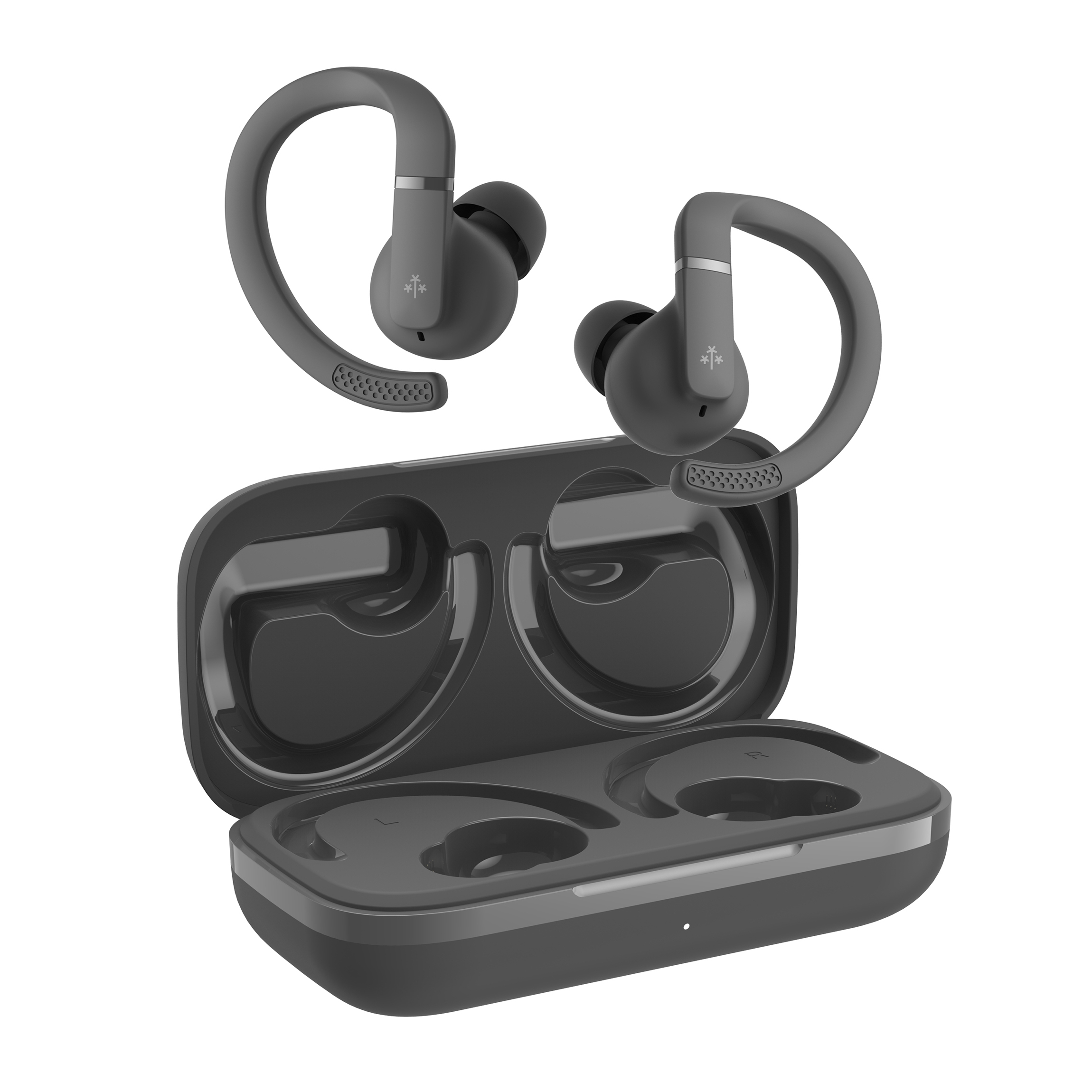 Auriculares inalámbricos grises con estuche de carga sobre fondo blanco. Los auriculares están dentro y fuera del estuche.