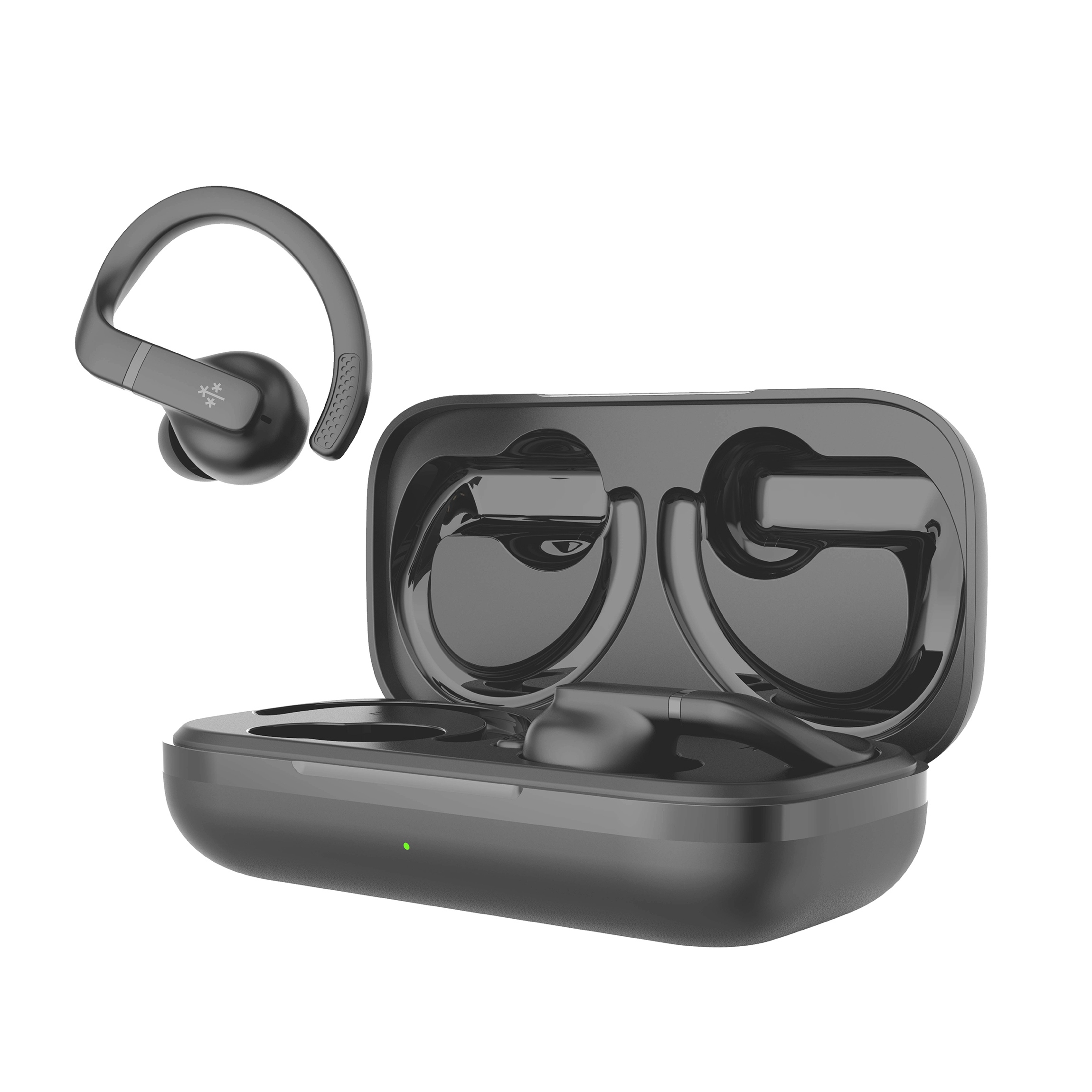 Auriculares inalámbricos negros con estuche de carga, un auricular separado. El estuche está abierto, mostrando las ranuras.