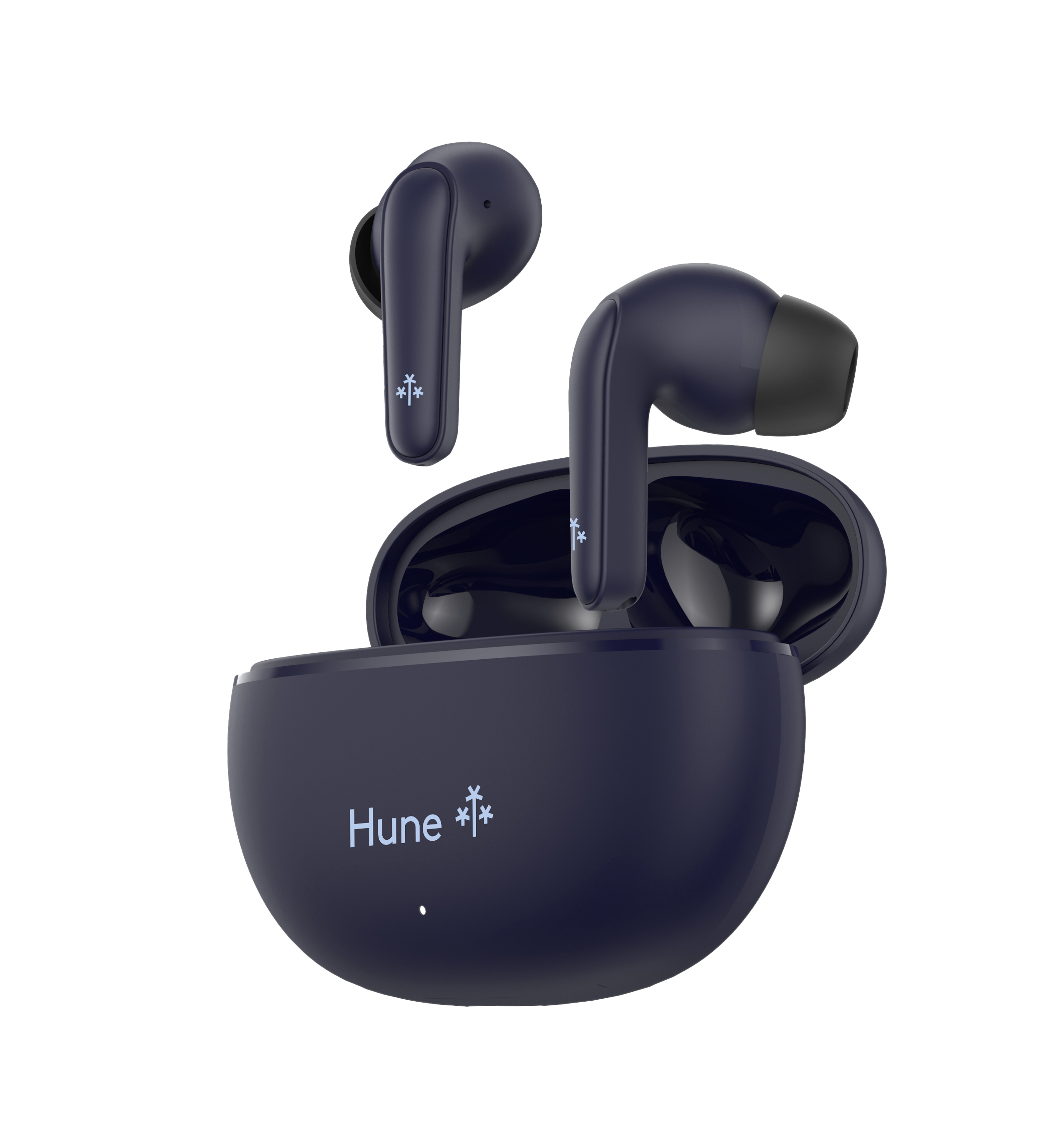 Auriculares inalámbricos y estuche de carga azul marino sobre fondo blanco. Los auriculares están abiertos, uno está fuera.