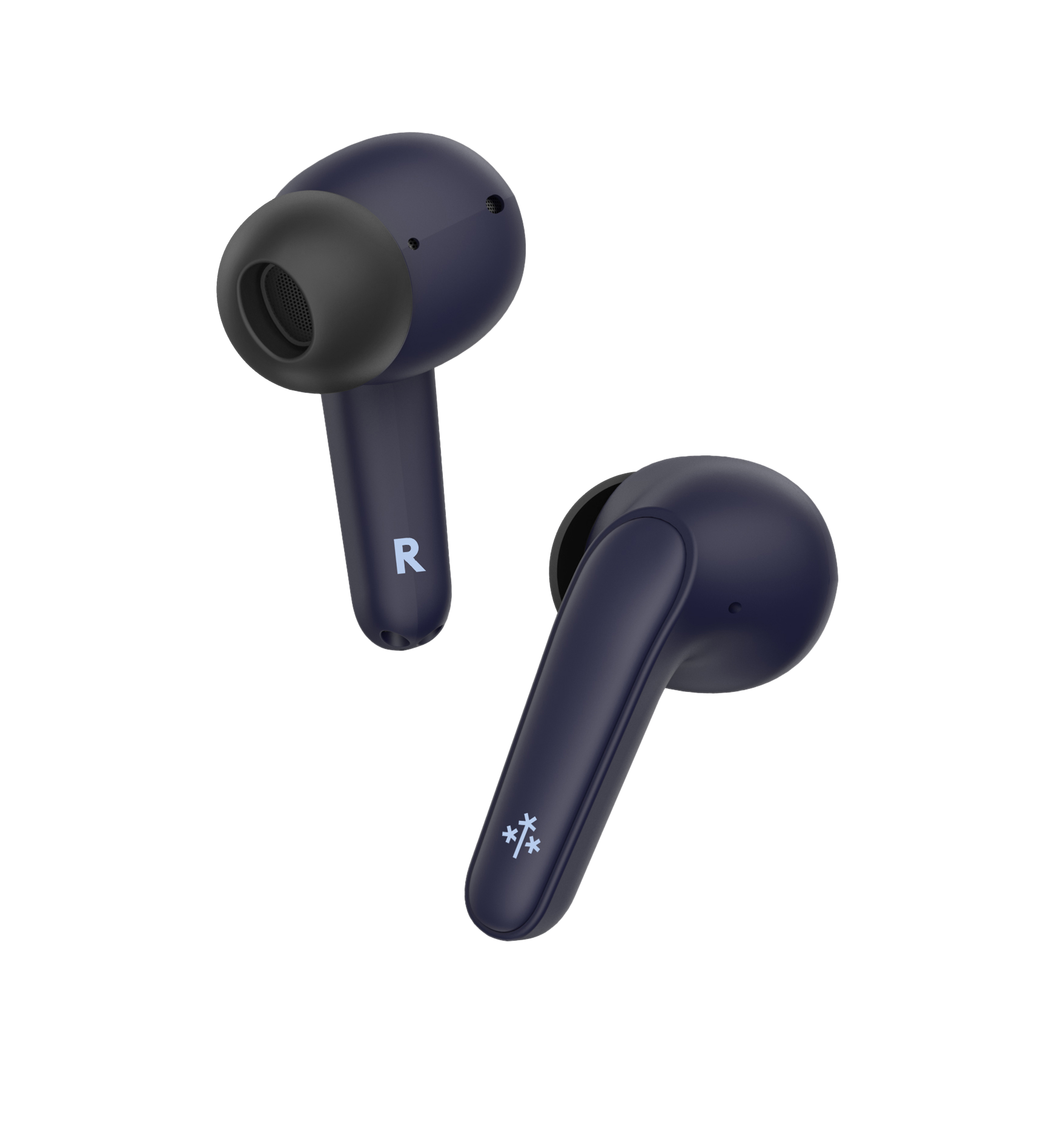 Dos auriculares inalámbricos, azul oscuro, sobre fondo blanco. Uno muestra una 'R' y un logo.