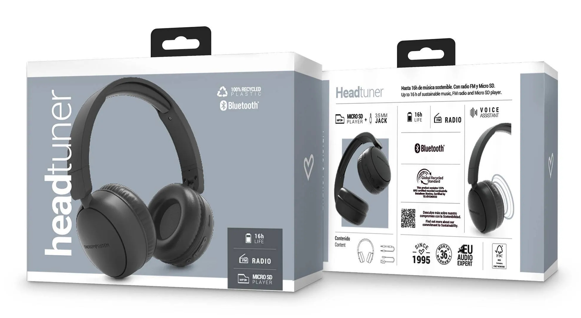 Caja de auriculares con auriculares negros. Características: Bluetooth, 16h de duración, radio FM y reproductor Micro SD.