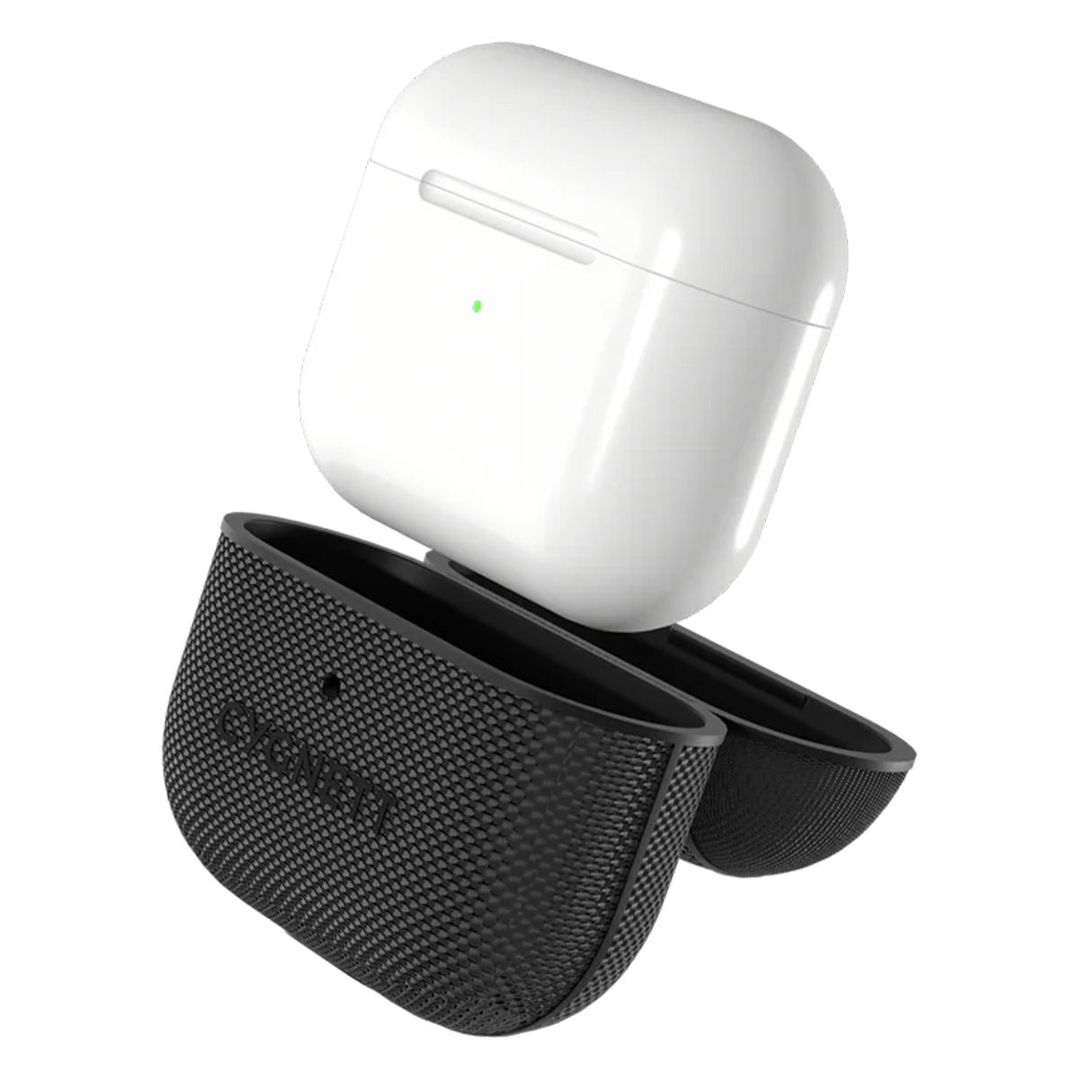 Estuche blanco de AirPods con una funda protectora negra. El estuche de AirPods está abierto, revelando el interior. El fondo es blanco.